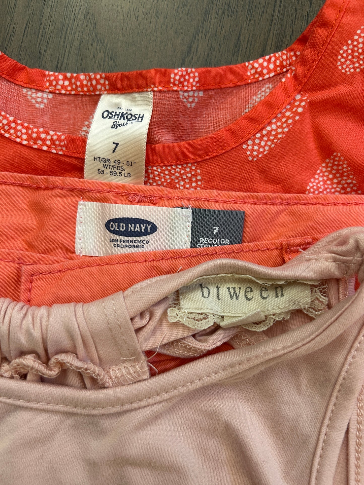 Lot of mixed brands, one dress, one tank, three shorts, one pant, girl, size 7