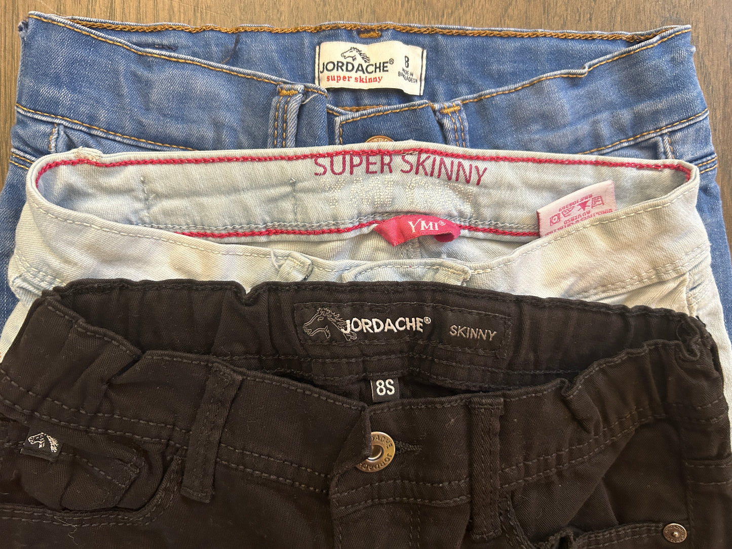 Lot of Oshkosh, Jordache, YMI, three pants, one shorts, one shirt, girl, size 7, 8