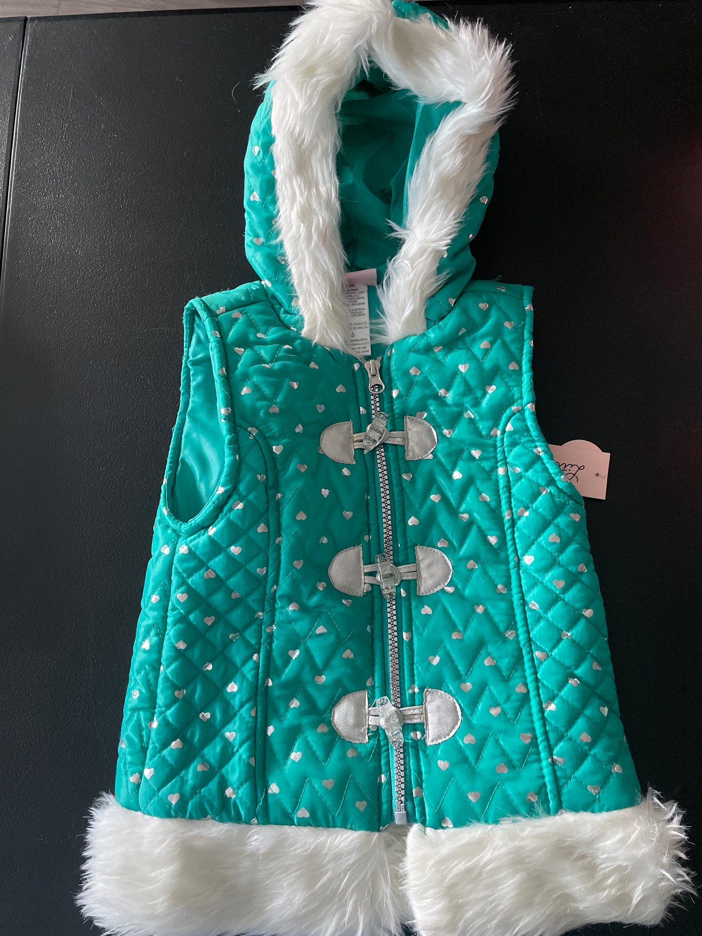 Little Lass Puffer Vest, Girls Sz 5, Teal, White Faux Fur