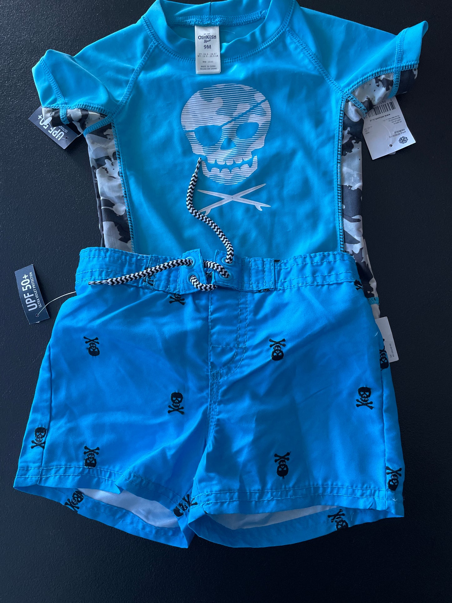 OshKosh Swim Set, Boys Sz 9mo, Blue, Skulls