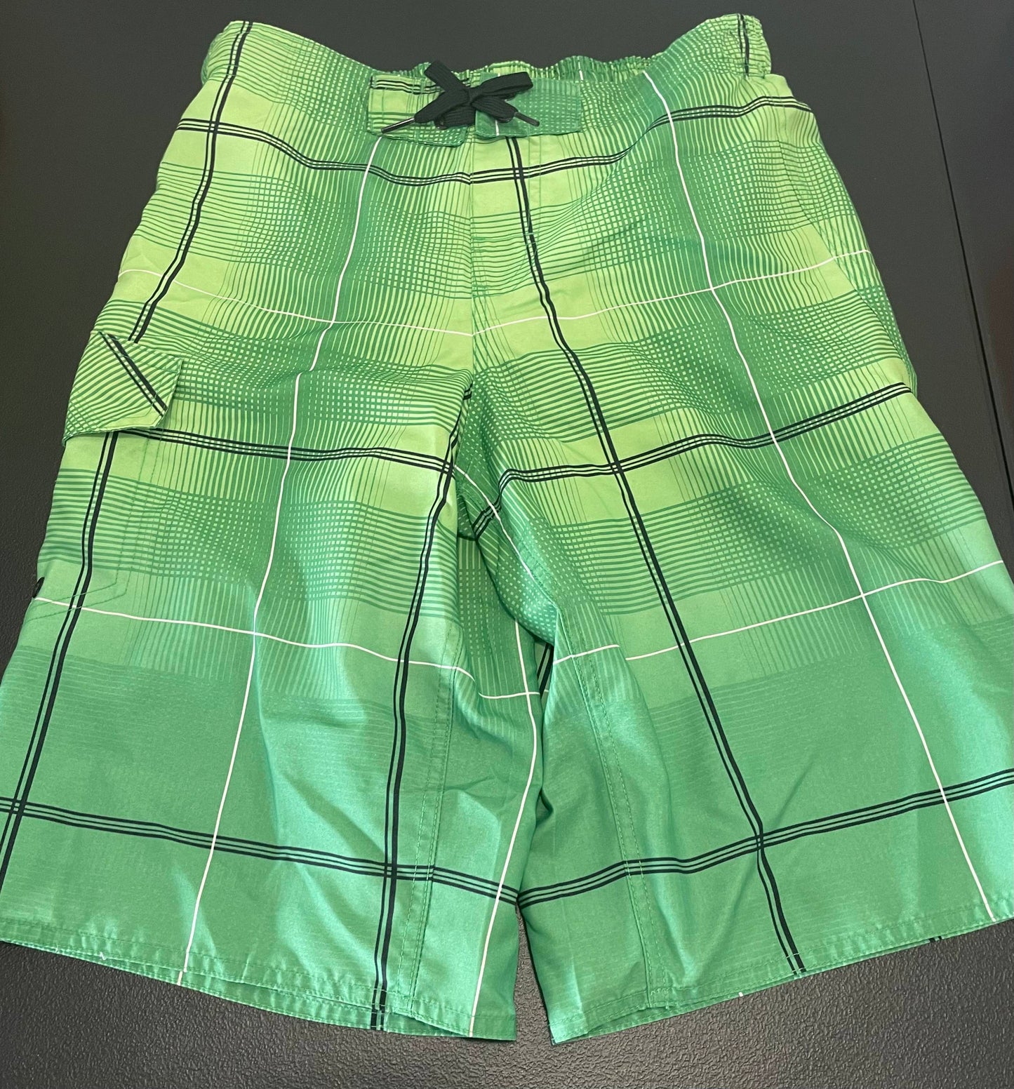 L Boys Swim Trunks, Lime Green Plaid