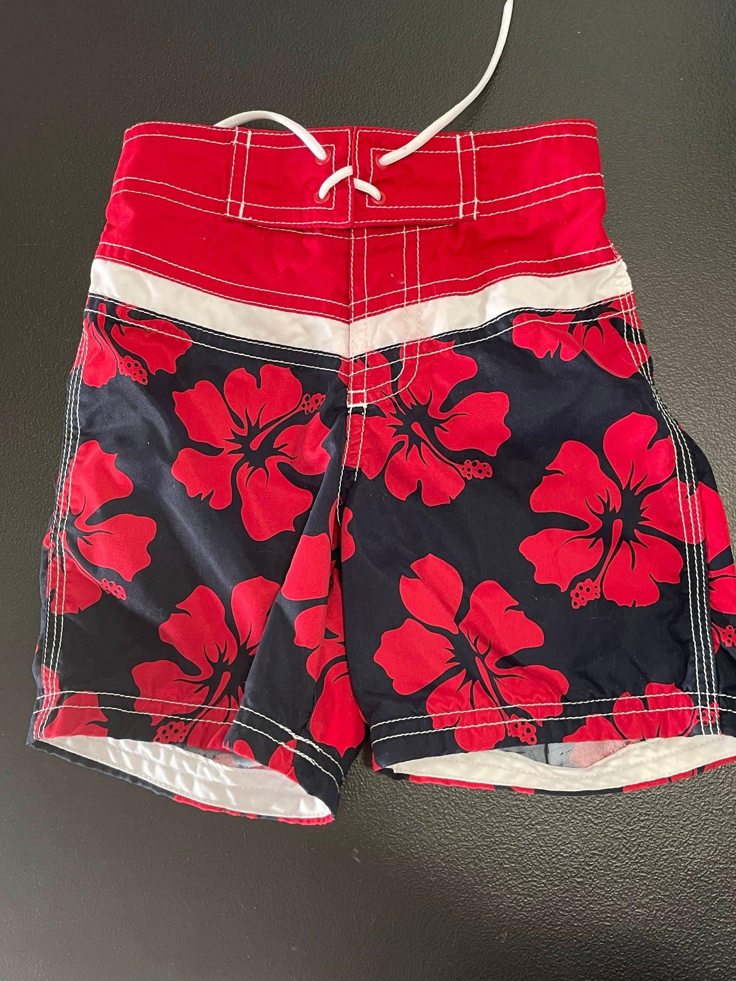 18-24m Boys Swim Trunks, Red & Navy Hawaiian Floral