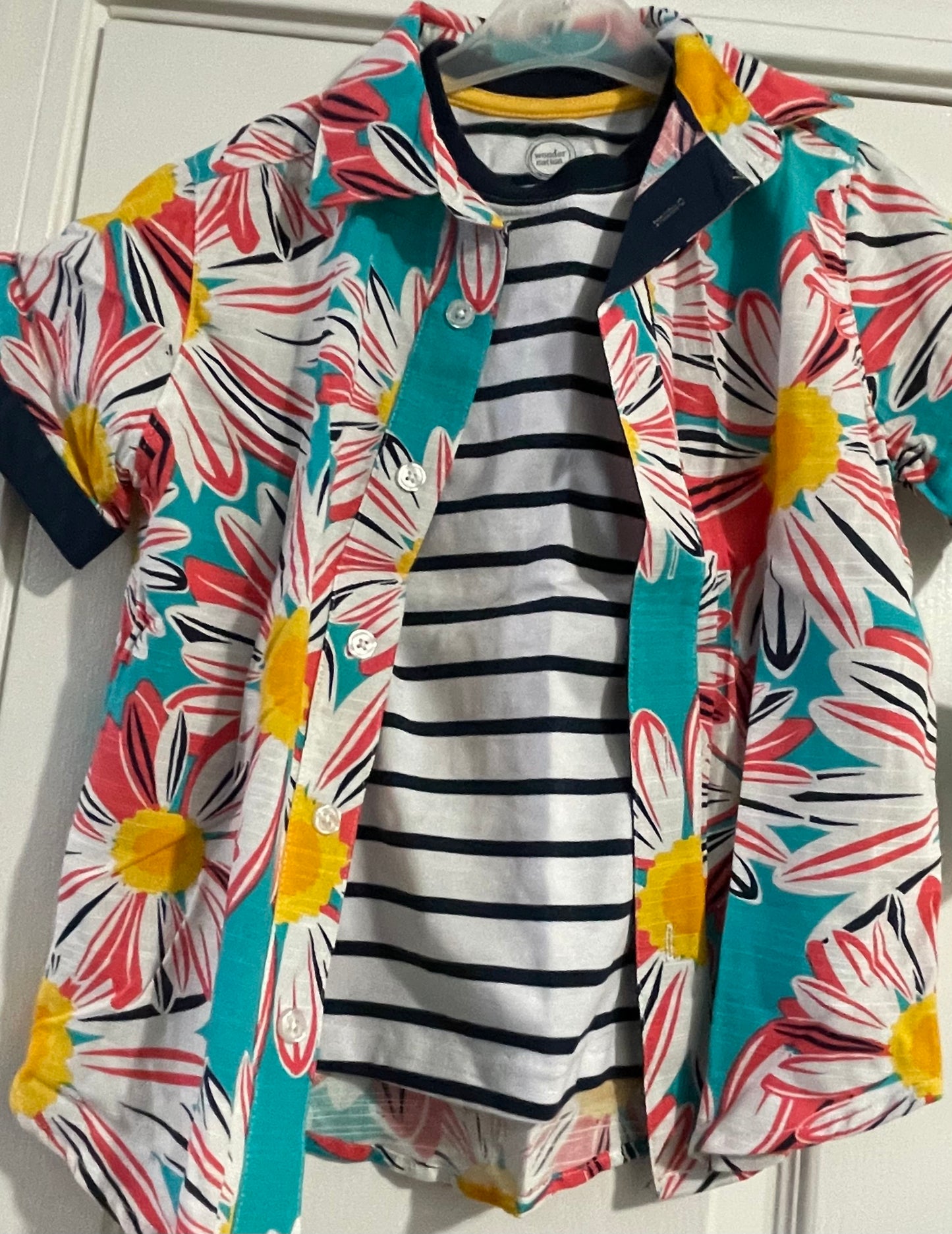 XS Boy 2pc Shirt, Hawaiian Button Up w/Striped Tee