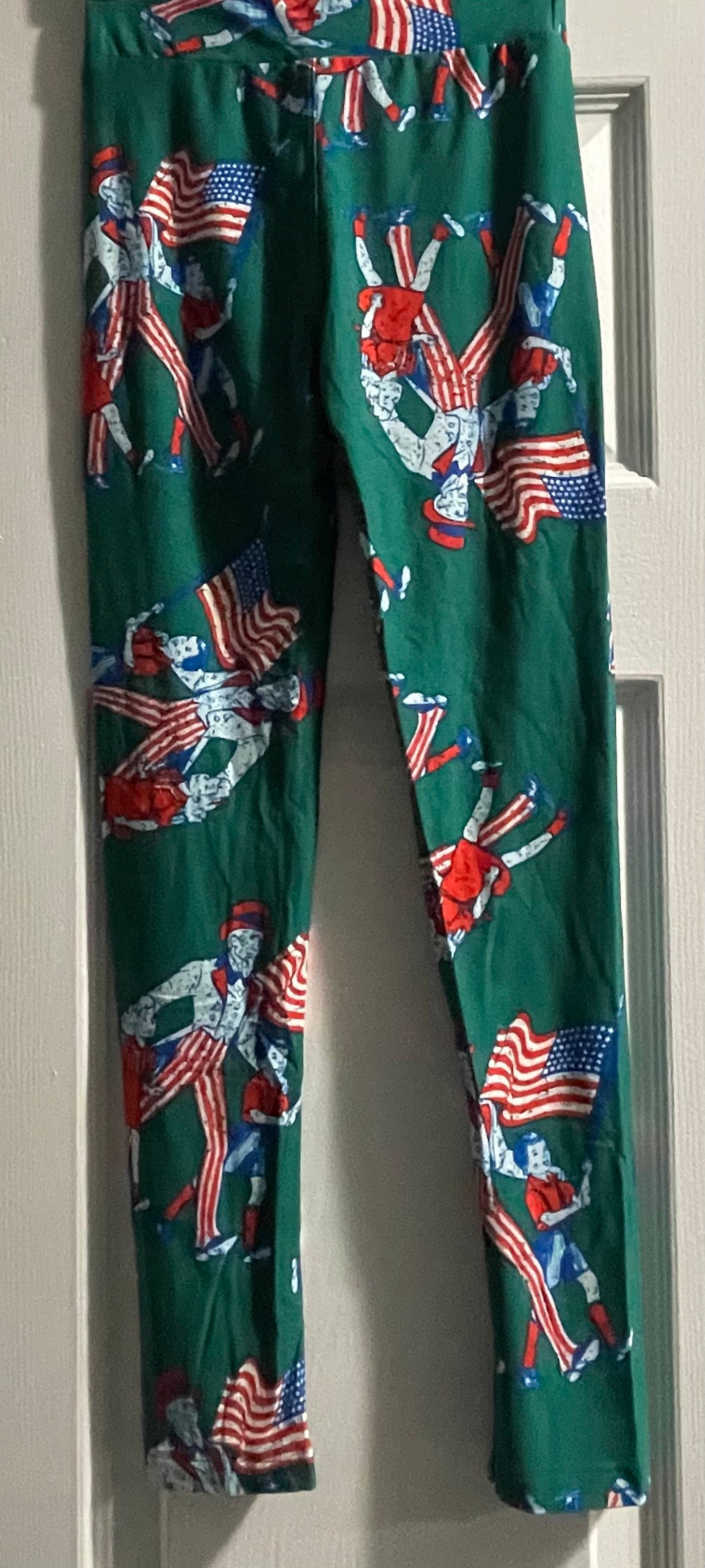 L/XL Girls Leggings, Green w/Uncle Sam