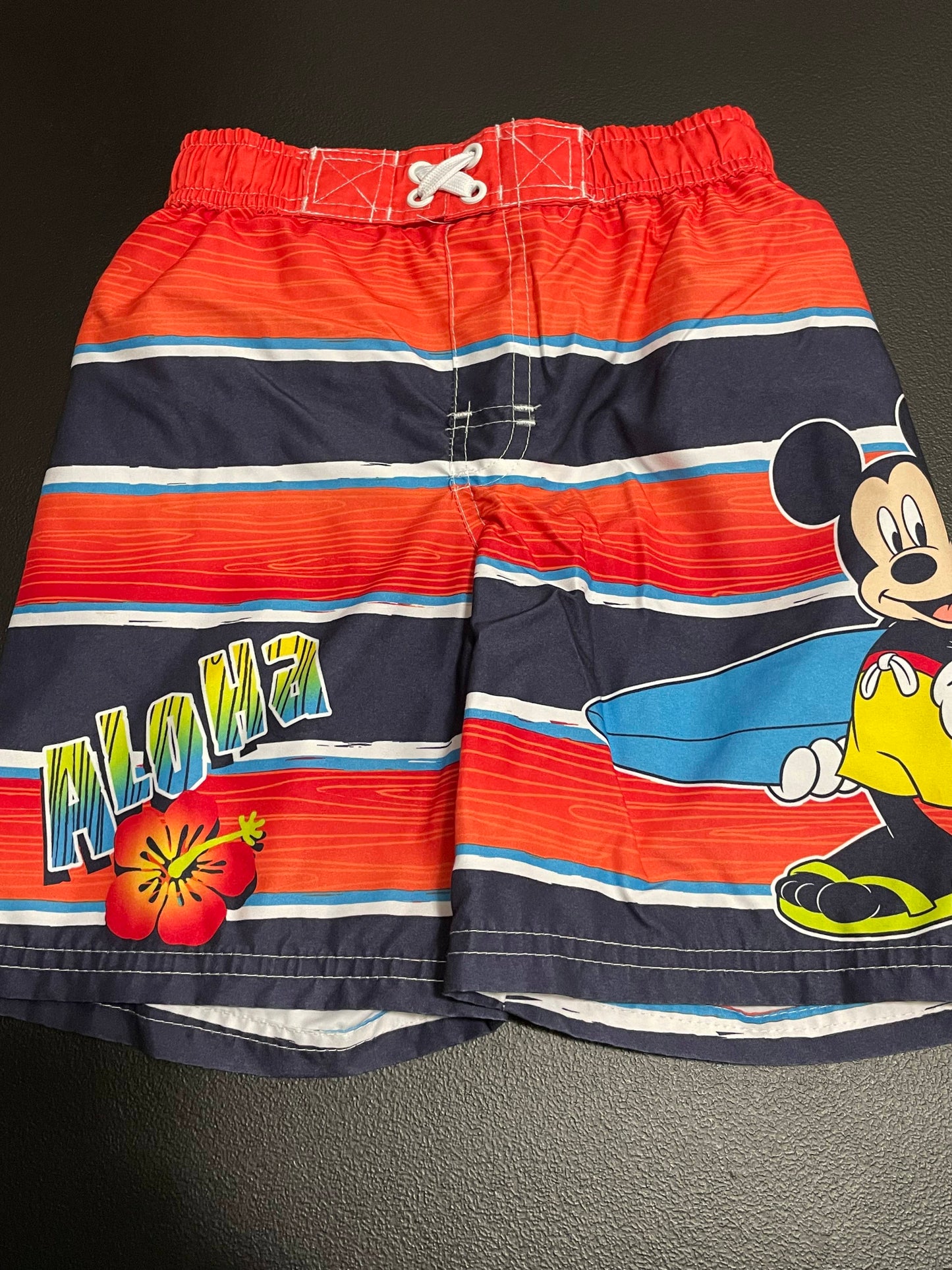 4/5 Boys Swim Trunks, Red Striped, Aloha Mickey