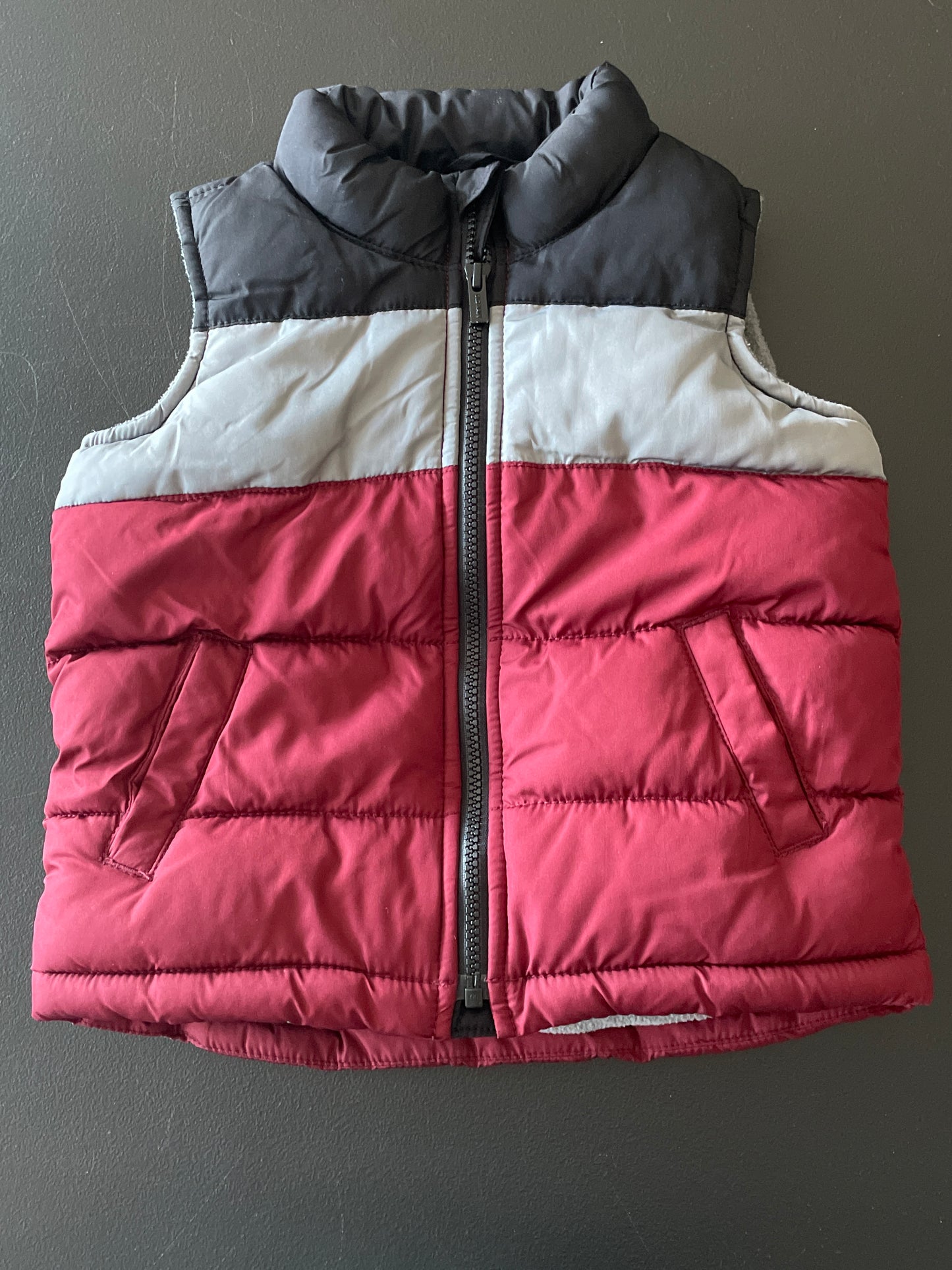 4T Boys Puffer Vest, Burgundy/Black/Gray Striped