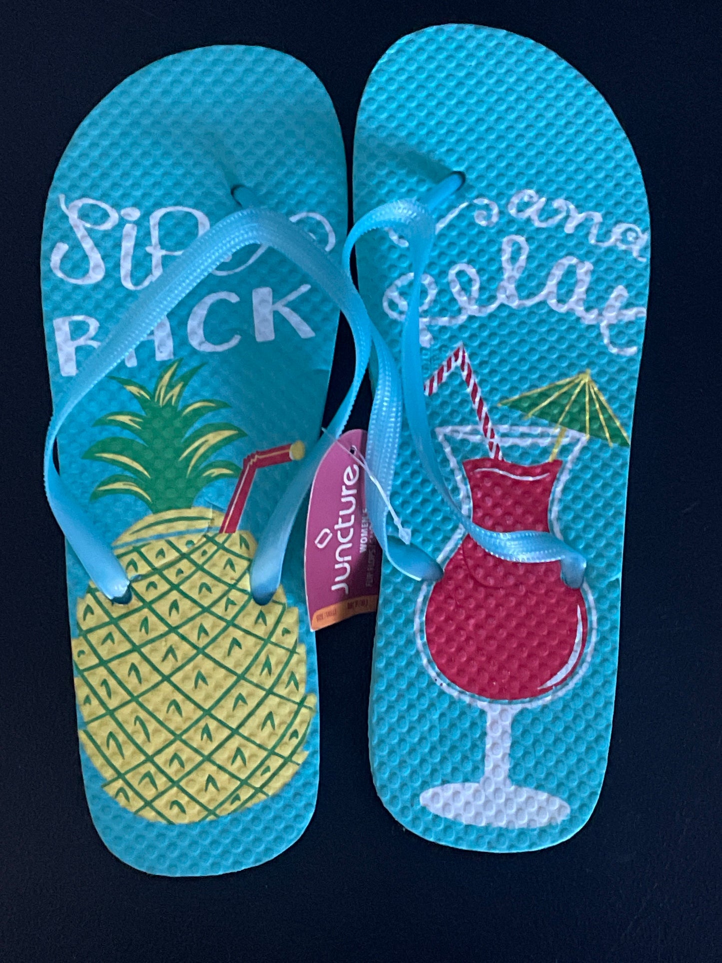 7/8 Womens Flip Flops, Blue, Sip Back N Relax
