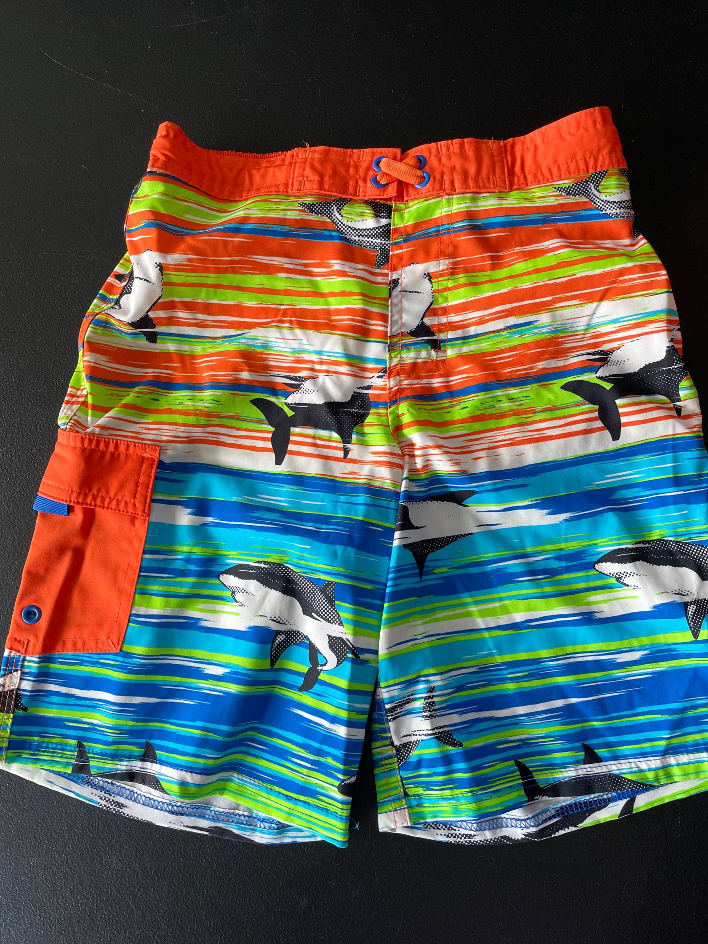 L Boys Swim Trunks, Orange/Blue/Green Striped, Sharks