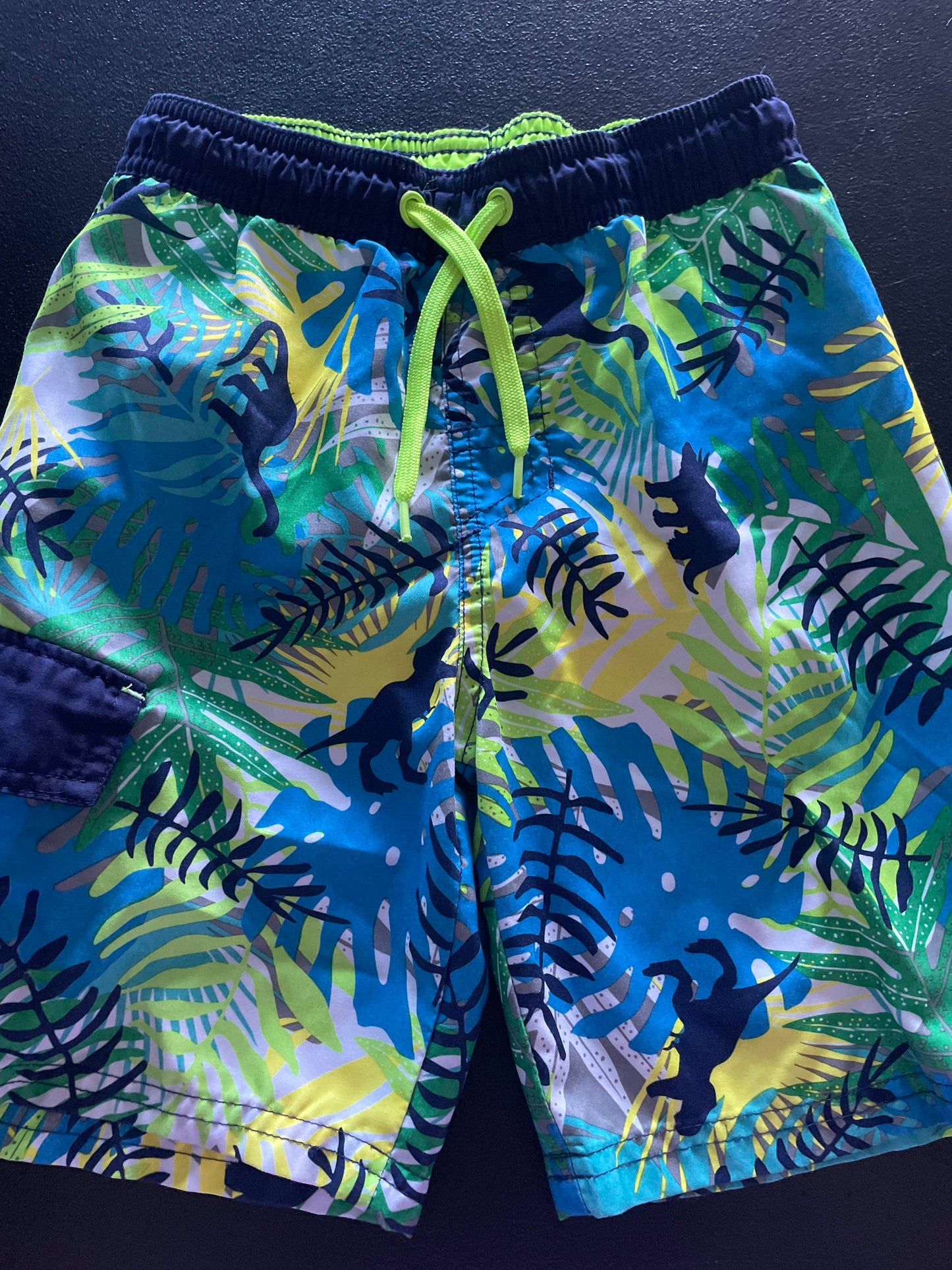 S (6-7) Boys Swim Trunks, Blue, Dino Hawaiian
