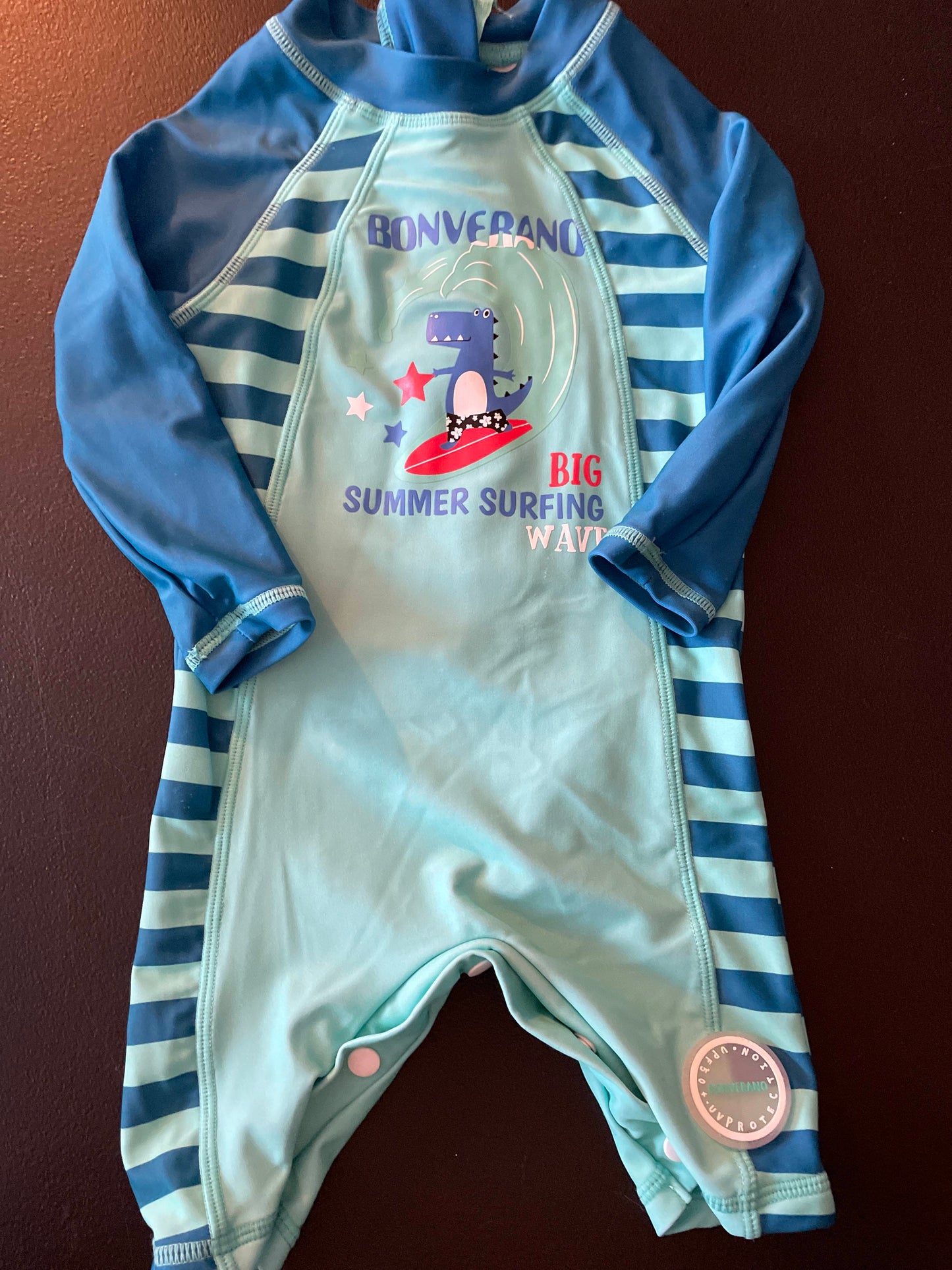 3-6M Boys Rash Guard Swimsuit, Aqua & Blue, T-Rex Surfing