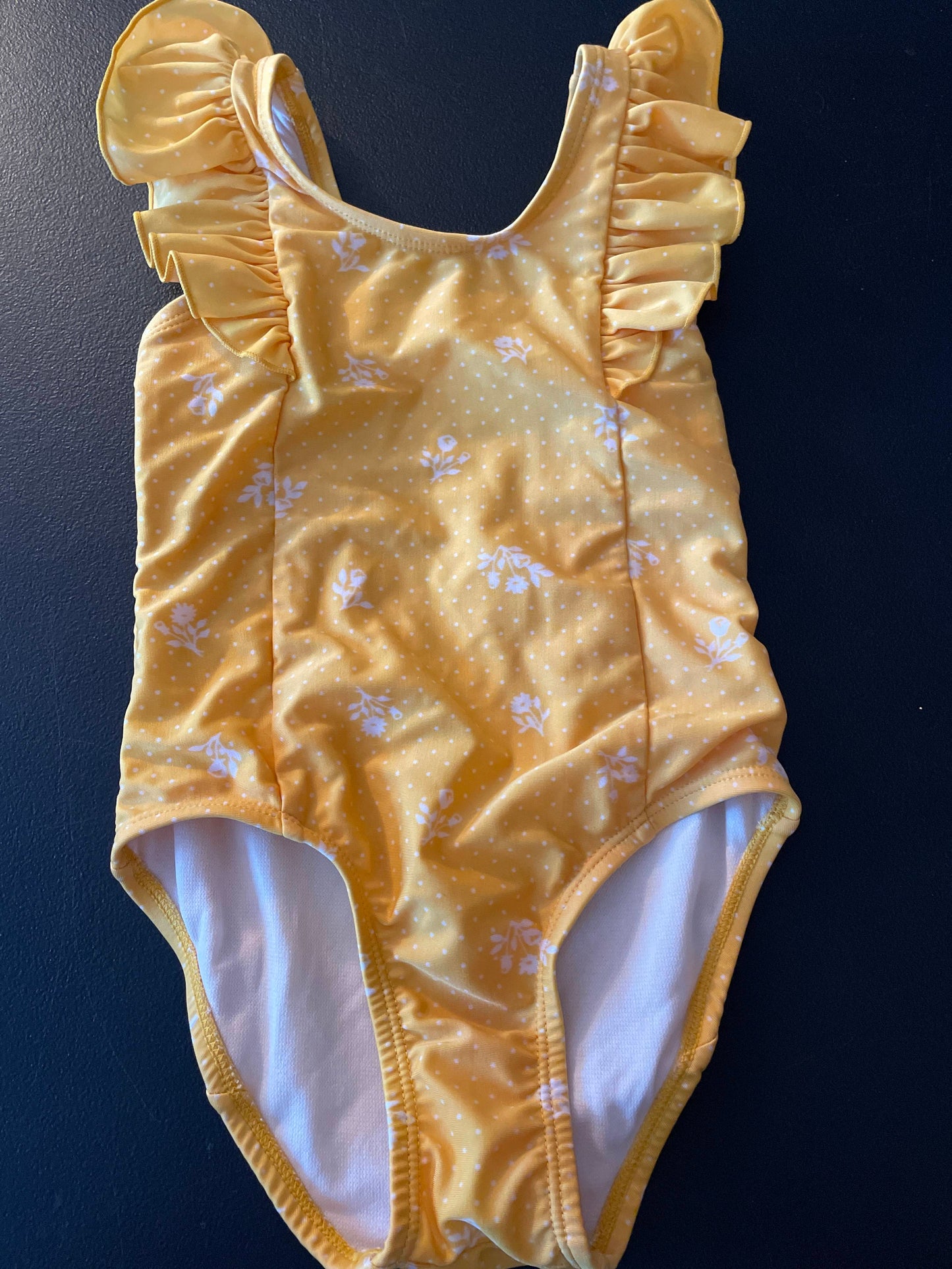 4T Girls Bathing Suit, Yellow, White Flowers