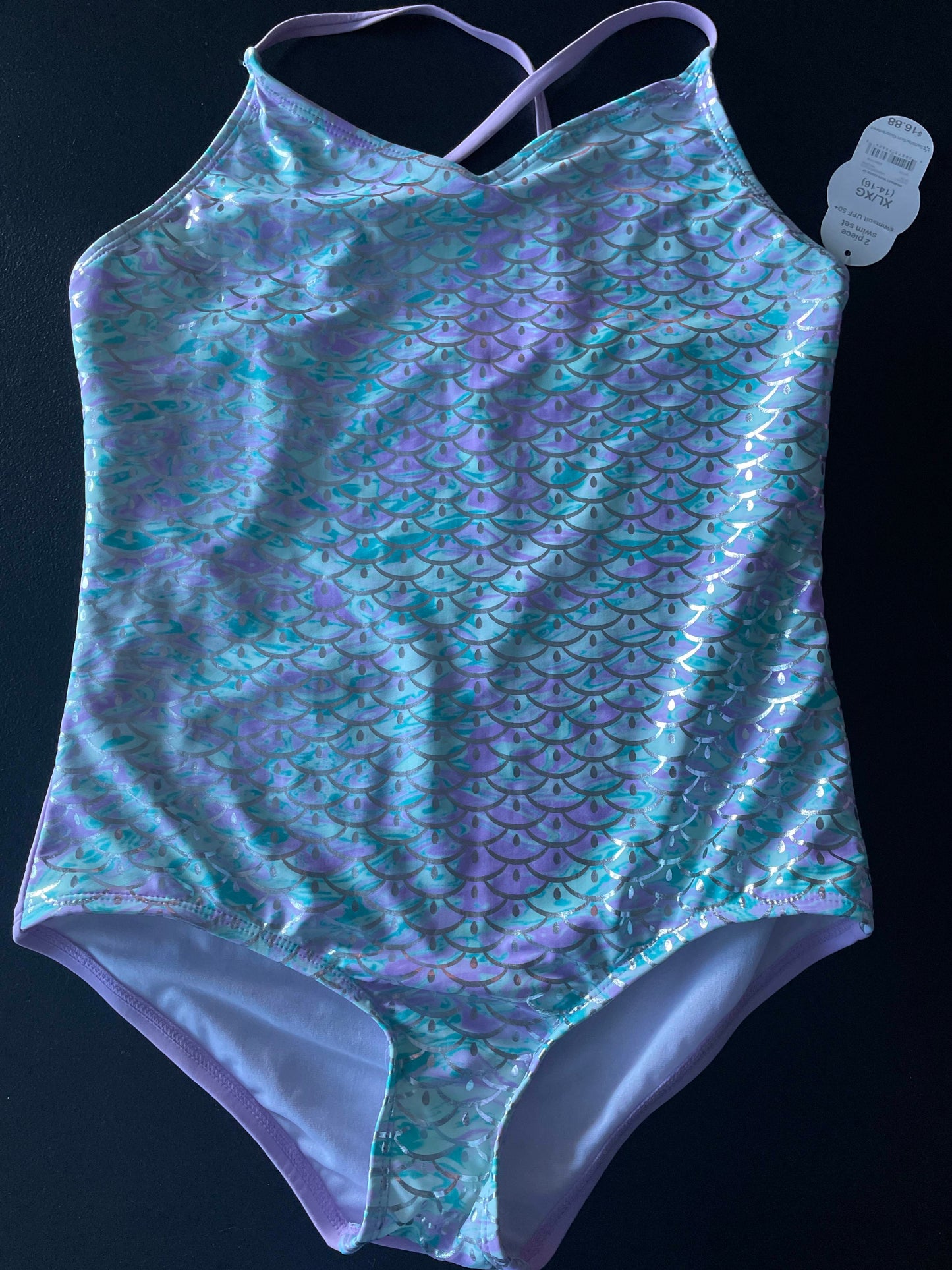 14/16 Girls Bathing Suit, Aqua & Purple, Mermaid Scales