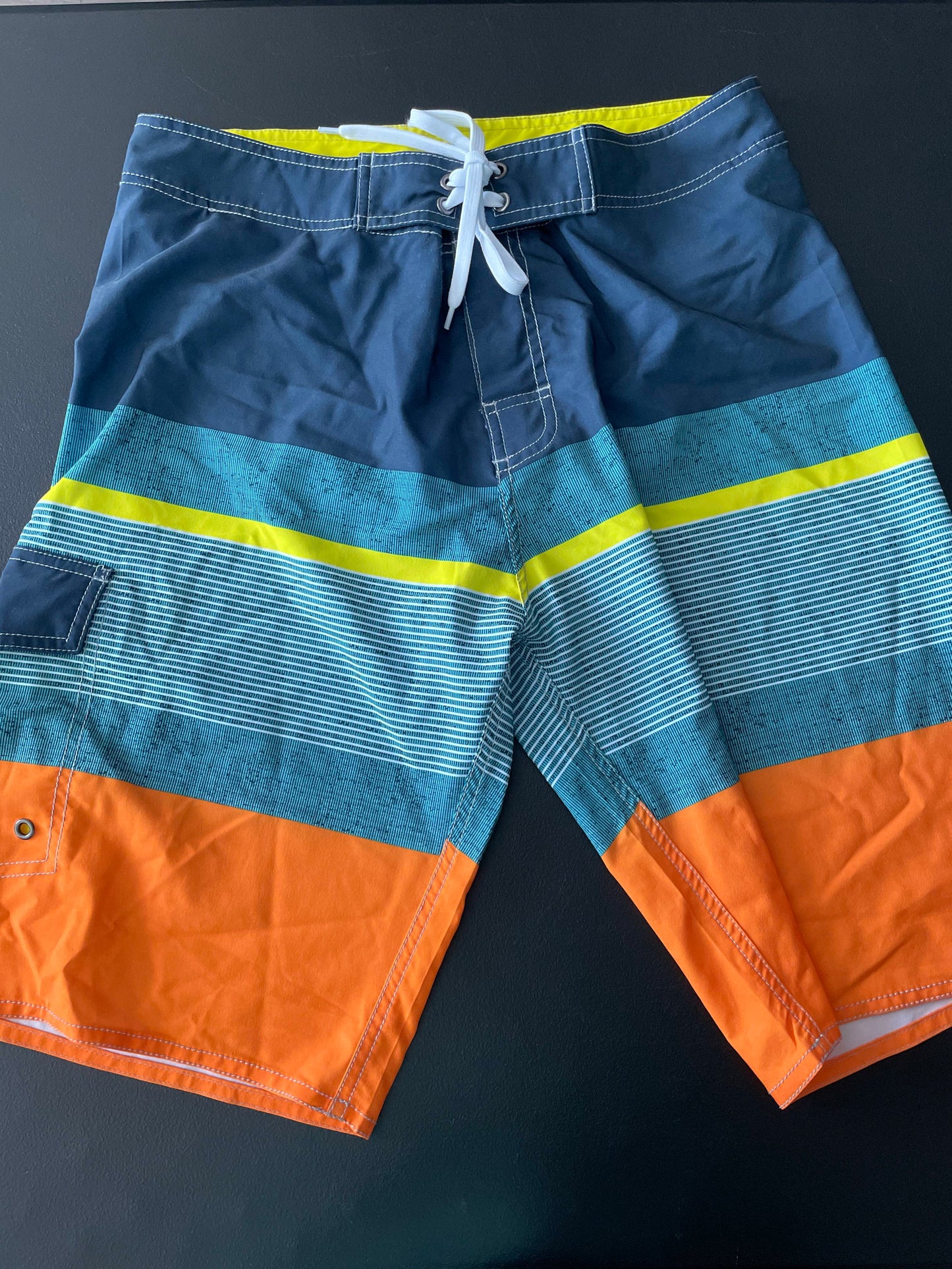 32 Mens Board Shorts, Blue & Orange, Striped