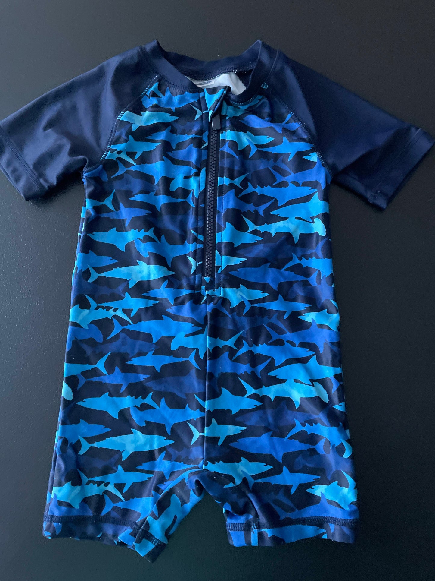 18-24M Boys Rash Guard Swimsuit, Blue & Navy, Sharks