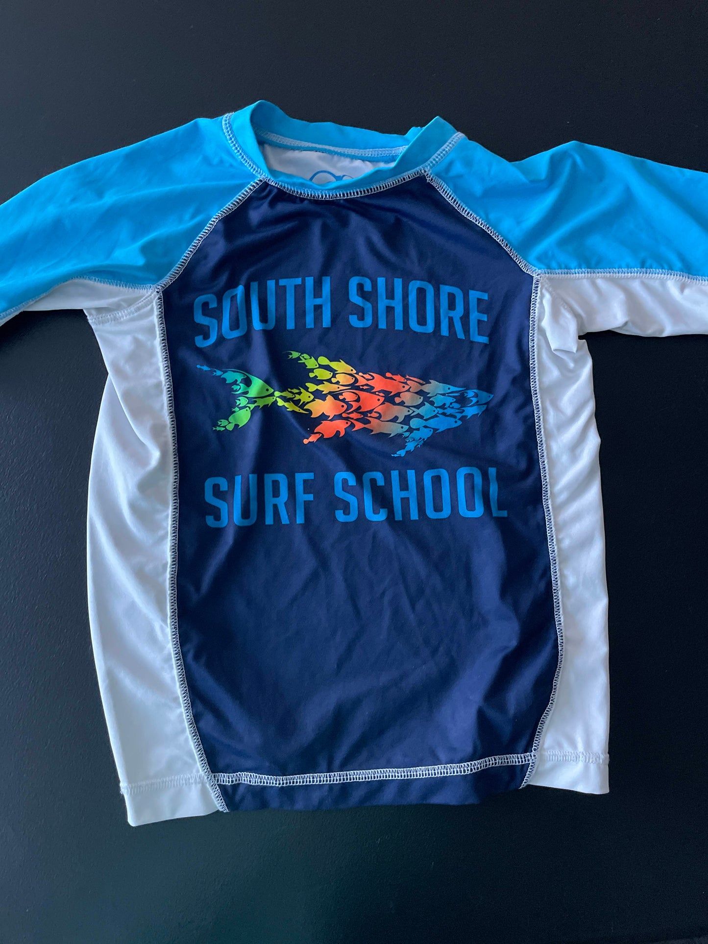 6/7 Boys Rash Guard, Blue, Shark/Surf School