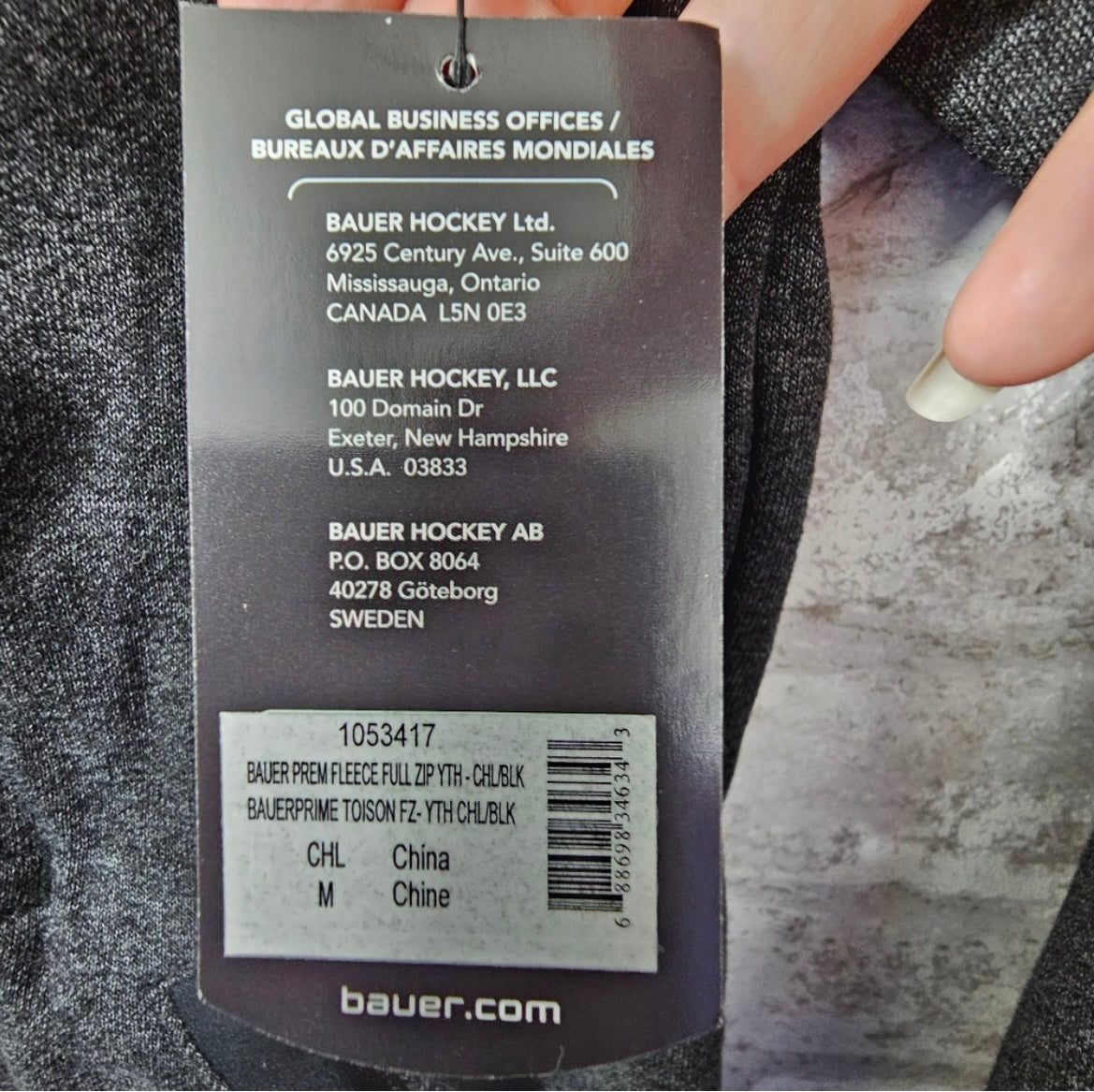 Bauer Premium Fleece Full Zip Hoodie, Youth, NWT, Black/Gray