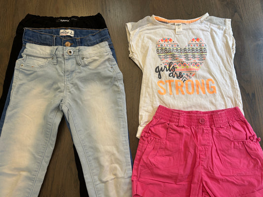 Lot of Oshkosh, Jordache, YMI, three pants, one shorts, one shirt, girl, size 7, 8