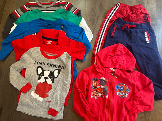 Lot of mixed brands, four long sleeve shirts, one short sleeve shirt, one hoodie zip up, two pants, boy, size 3T