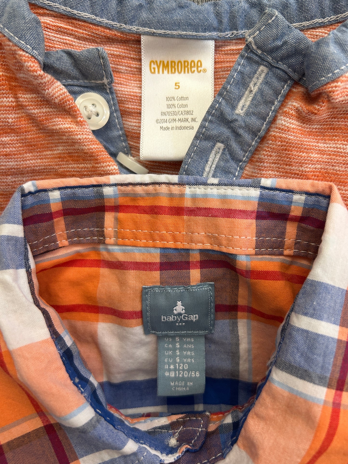 Lot of baby Gap, Children’s Place, Gymboree, Chaps, Carter’s, two long sleeve button up shirts, one short sleeve button up shirt, one short sleeve t-shirt with buttons, one sweater, boy, size 5T, 5, 5/6