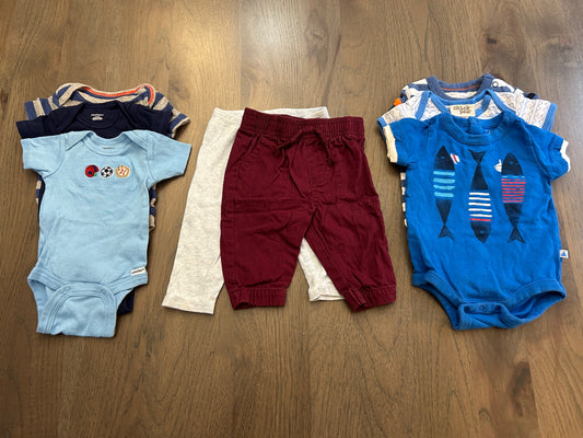 Lot of mixed brands, six short sleeve onesies, two pants, boy, size 0-3, 3 months