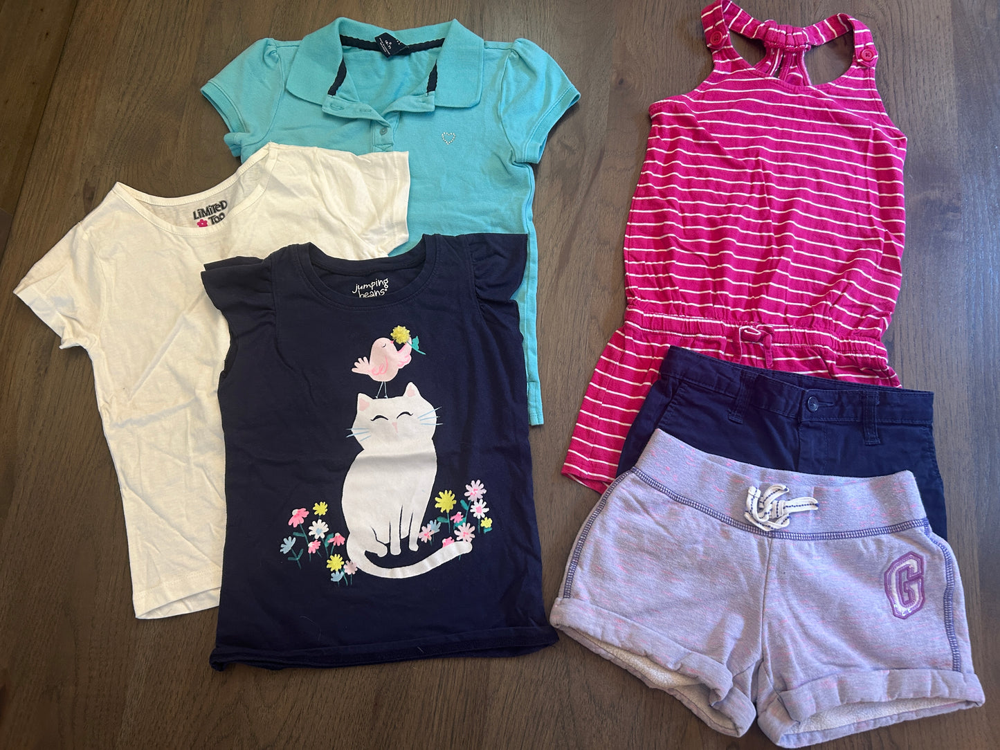 Lot of Gap Kids, Jumping Beans, Faded Glory, one romper, three short sleeve shirts, two shorts, girl, size 6, 6X, 6-7