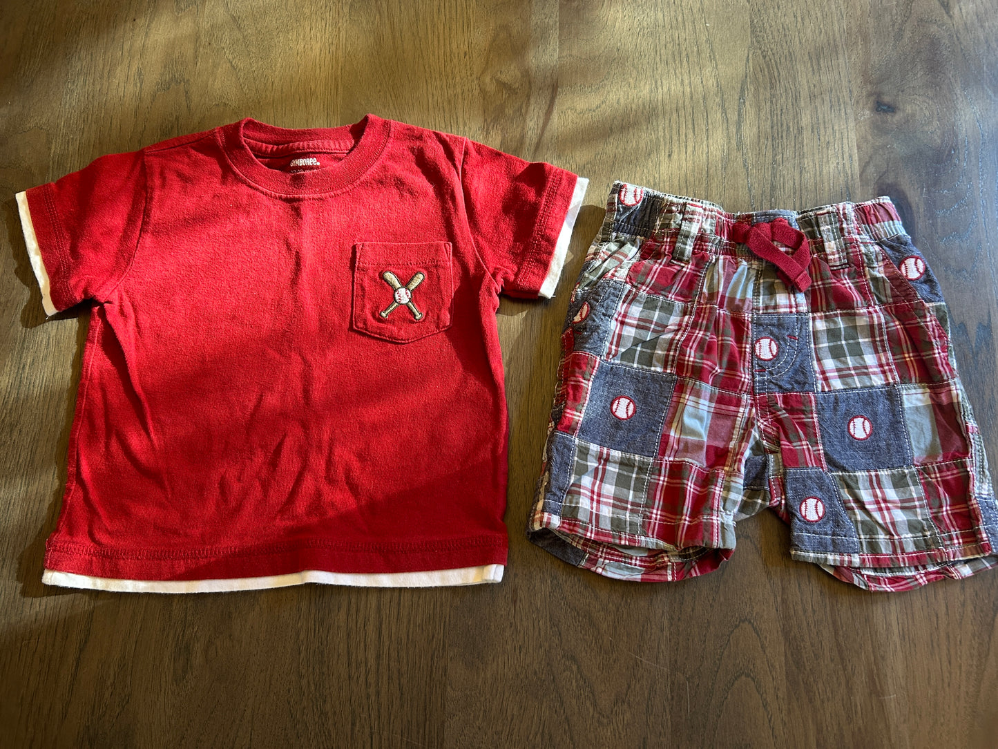 Gymboree outfit, baseball, shirt and pant, size 12-18 months, red plaid