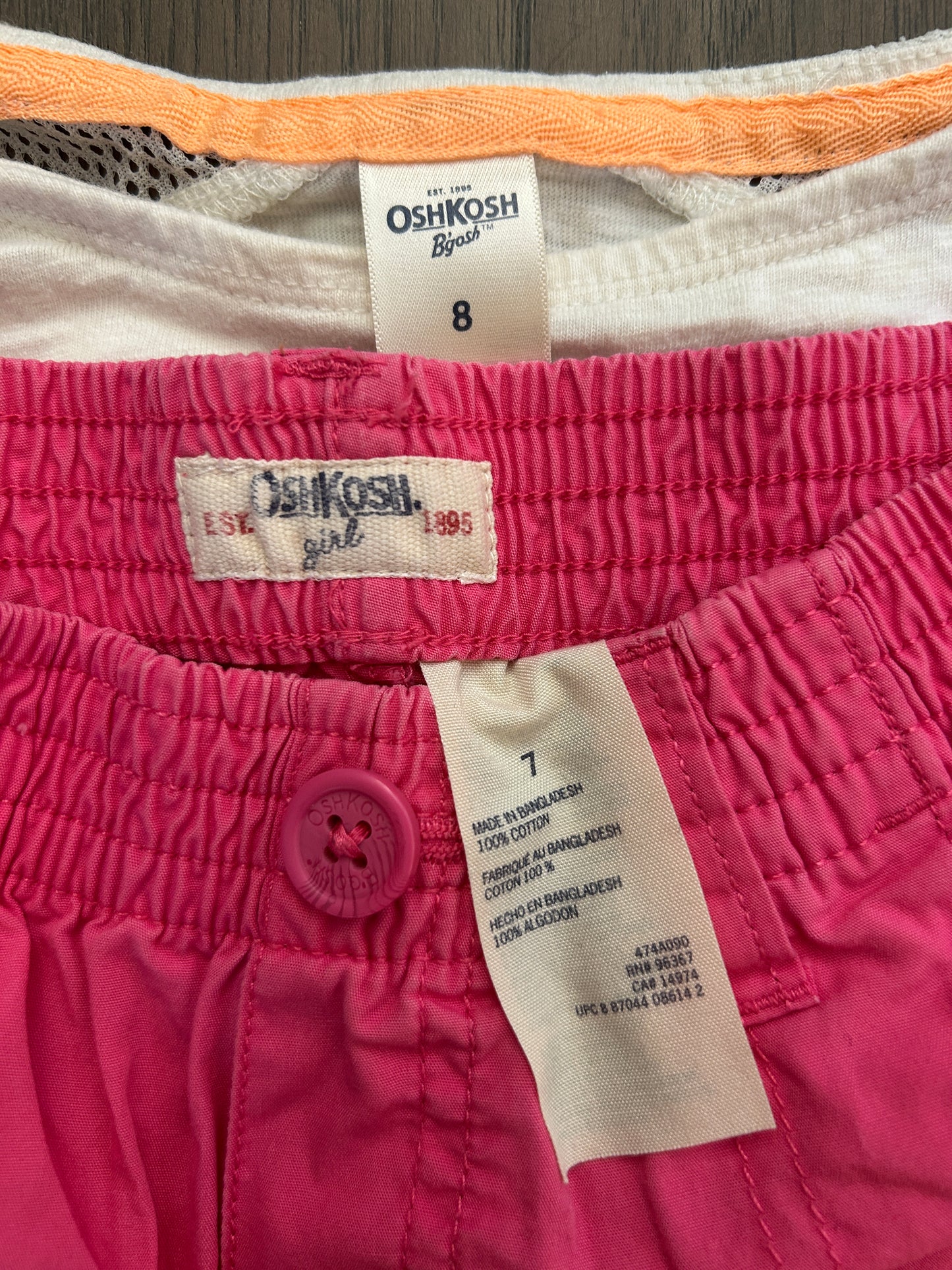 Lot of Oshkosh, Jordache, YMI, three pants, one shorts, one shirt, girl, size 7, 8