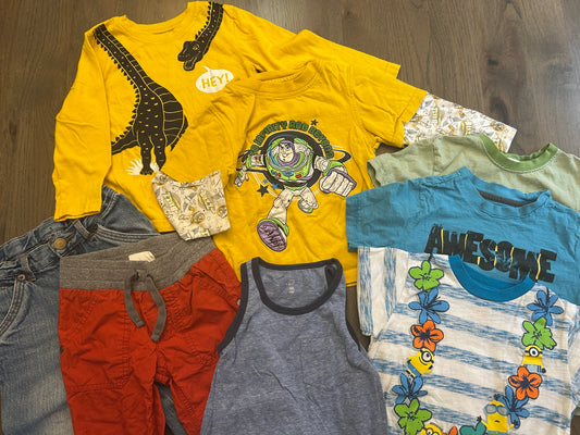 Lot of mixed brand, three short sleeve T-shirts, two long sleeve shirts, one tank top, two pants, boy, size 3T