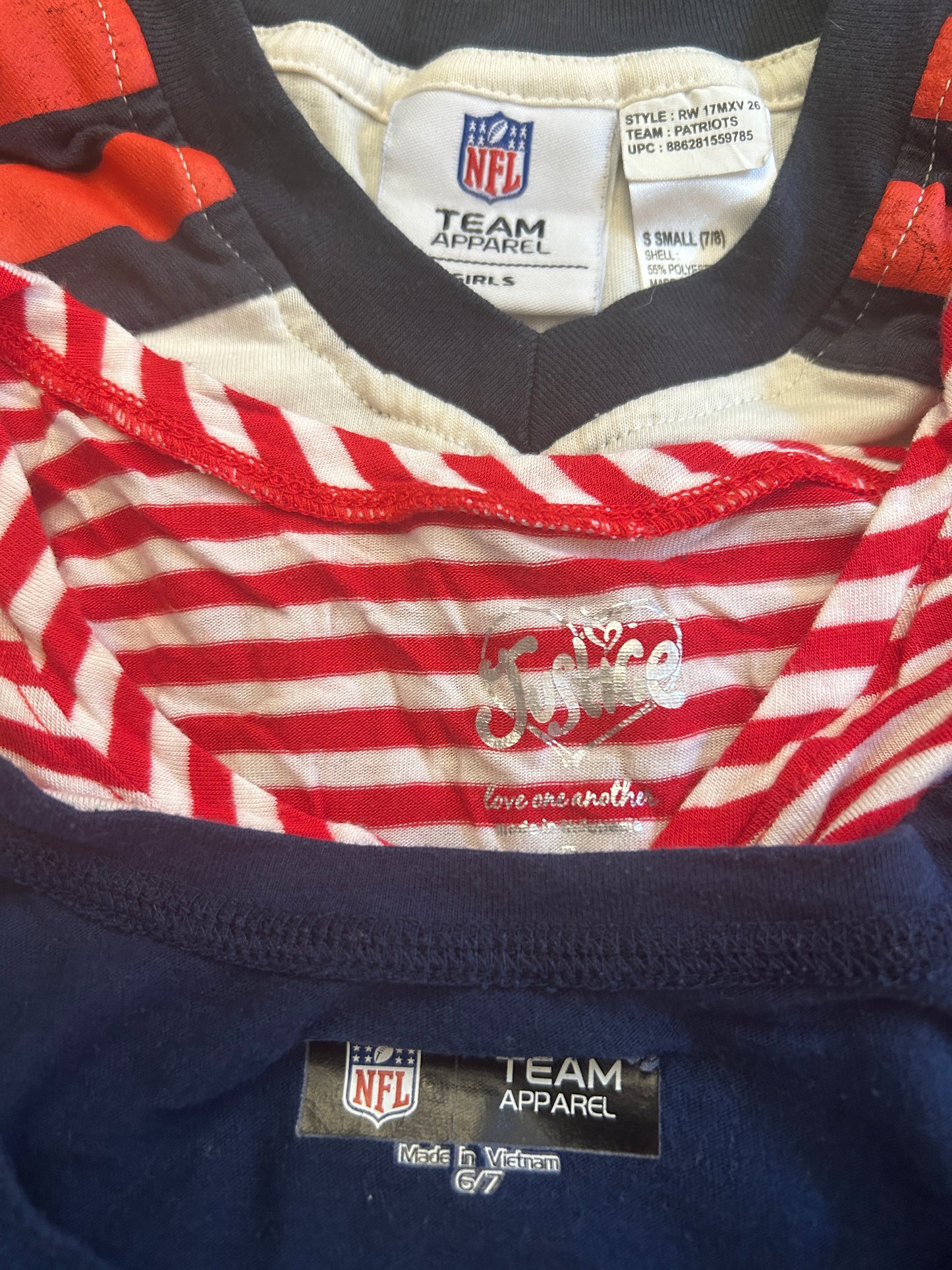 Lot of NFL Team Apparel, Justice, three long sleeve shirts, girl size 6/7, 7/8
