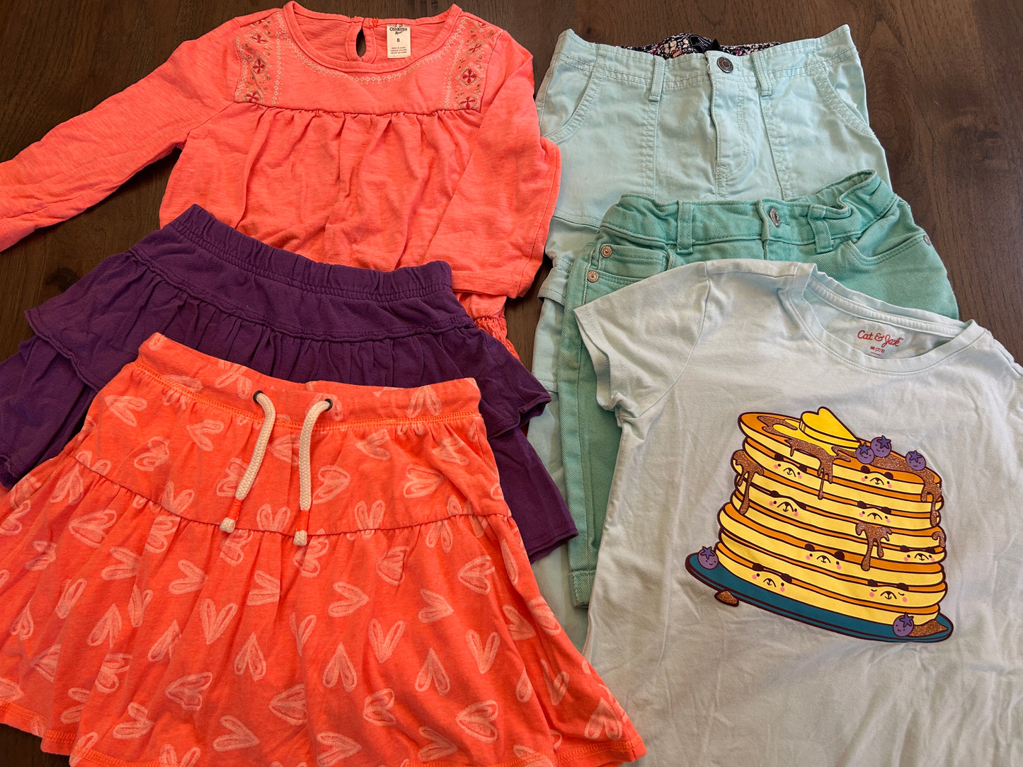 Lot of Oshkosh, Cat & Jack, Total Girl, GapKids, Arizona Jean, two skirts, one pant, one short, one shirt, one dress, girl, size 7/8, 8