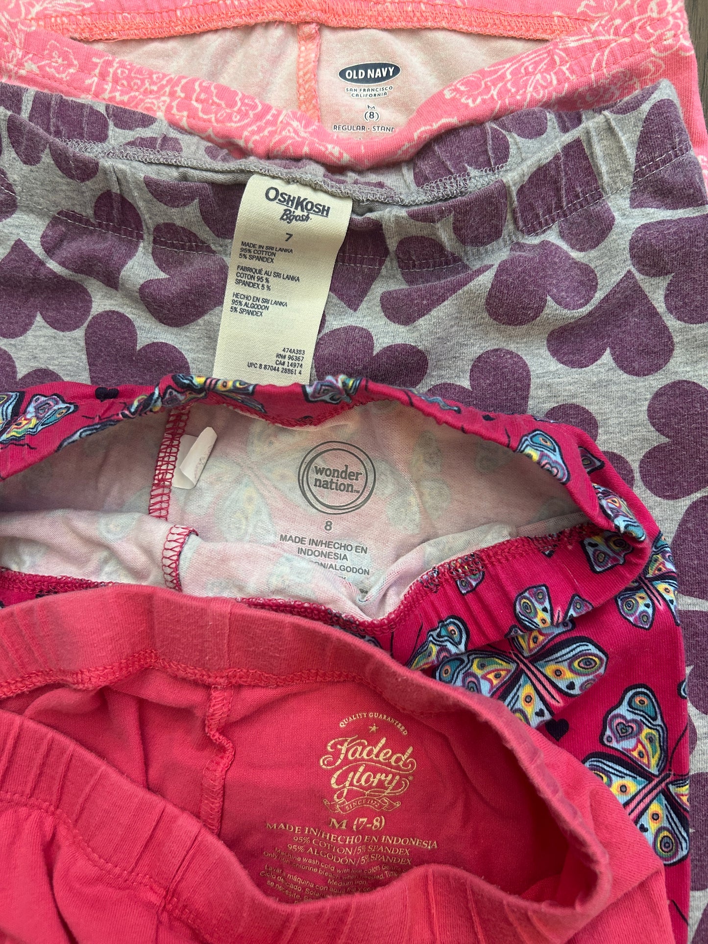 Lot of Old Navy, Faded Glory, So, Wonder Nation, Oshkosh, girl, five leggings, one bicycle short, size 7, 7/8, 8