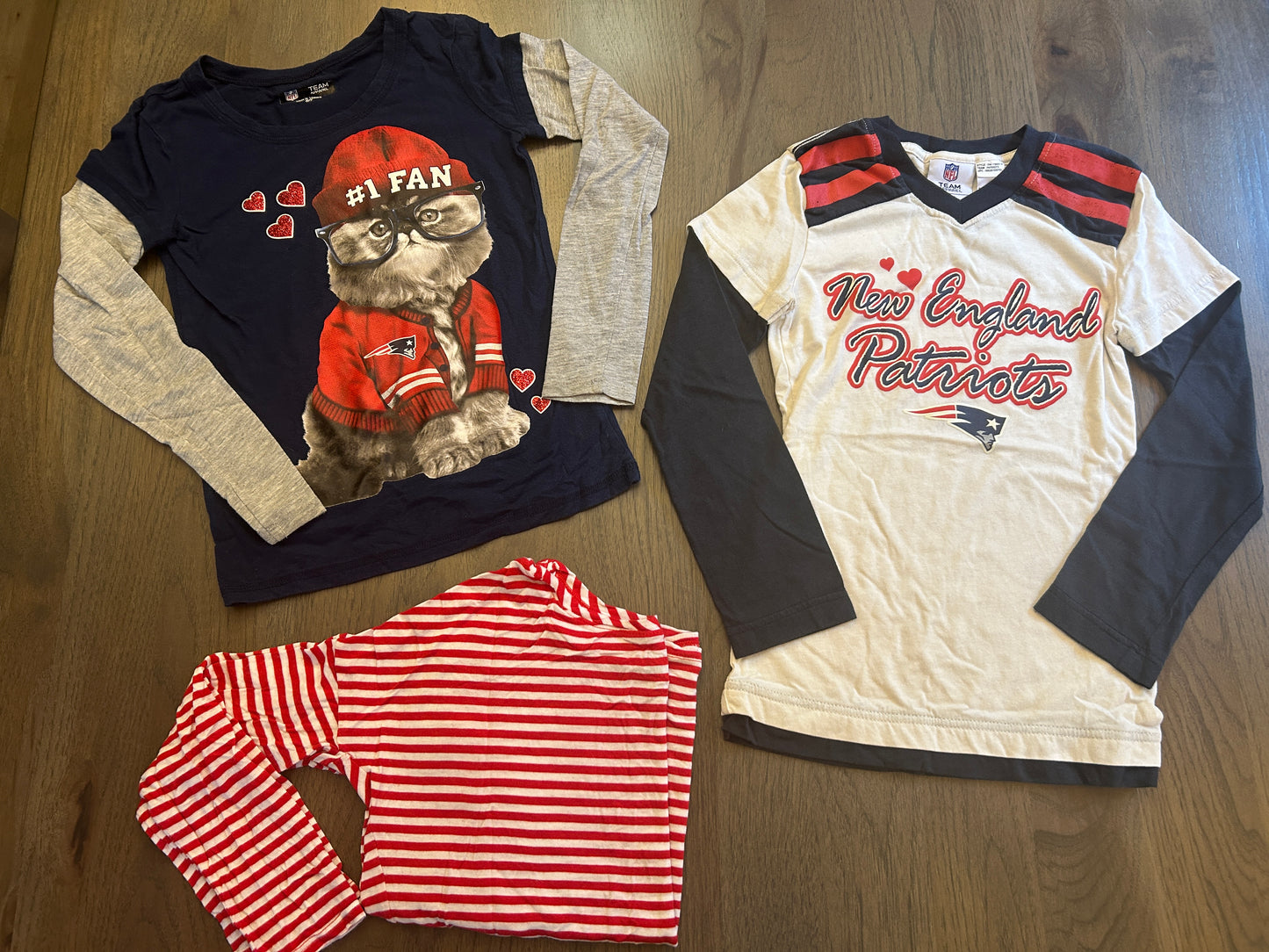 Lot of NFL Team Apparel, Justice, three long sleeve shirts, girl size 6/7, 7/8