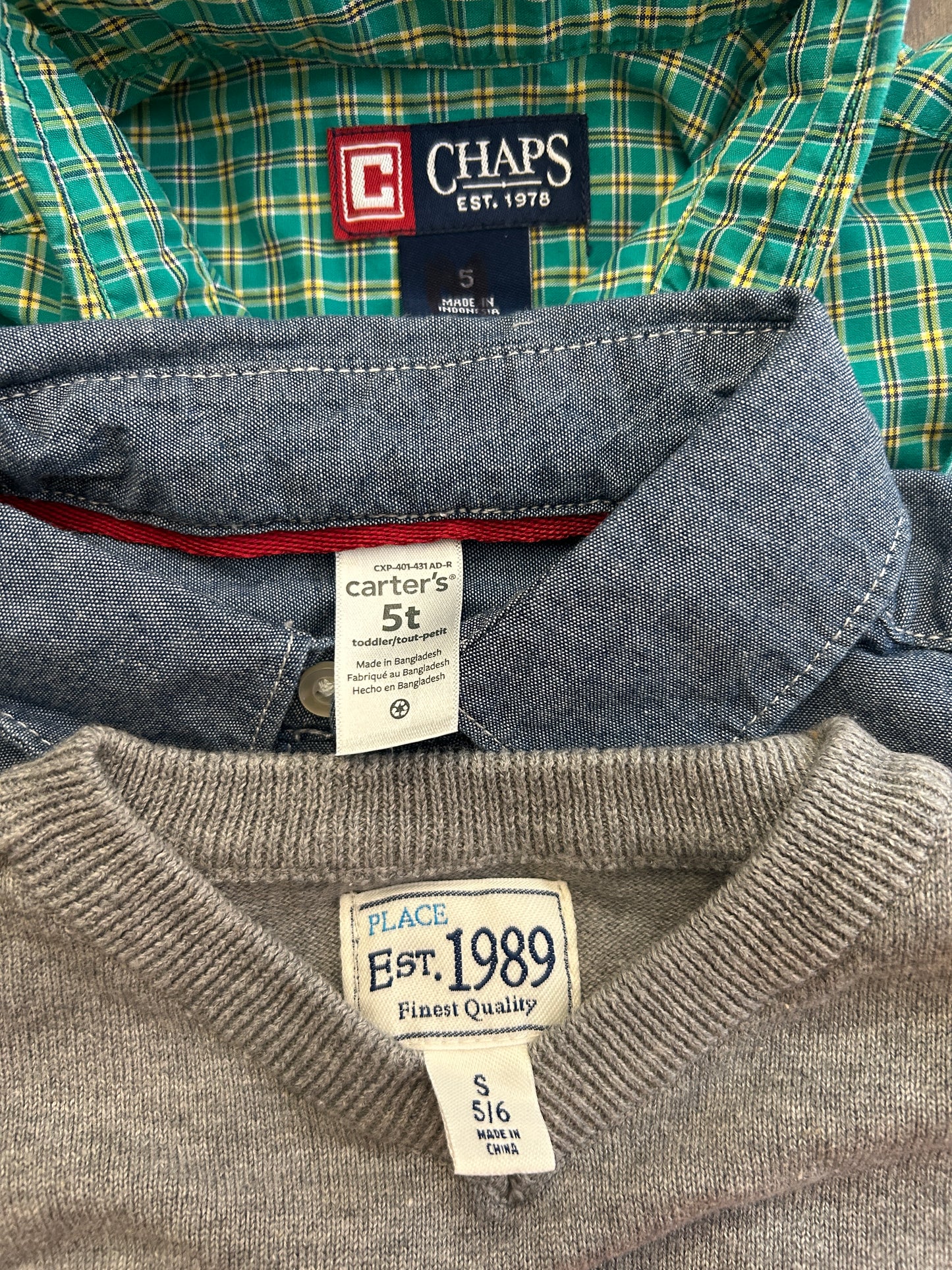 Lot of baby Gap, Children’s Place, Gymboree, Chaps, Carter’s, two long sleeve button up shirts, one short sleeve button up shirt, one short sleeve t-shirt with buttons, one sweater, boy, size 5T, 5, 5/6