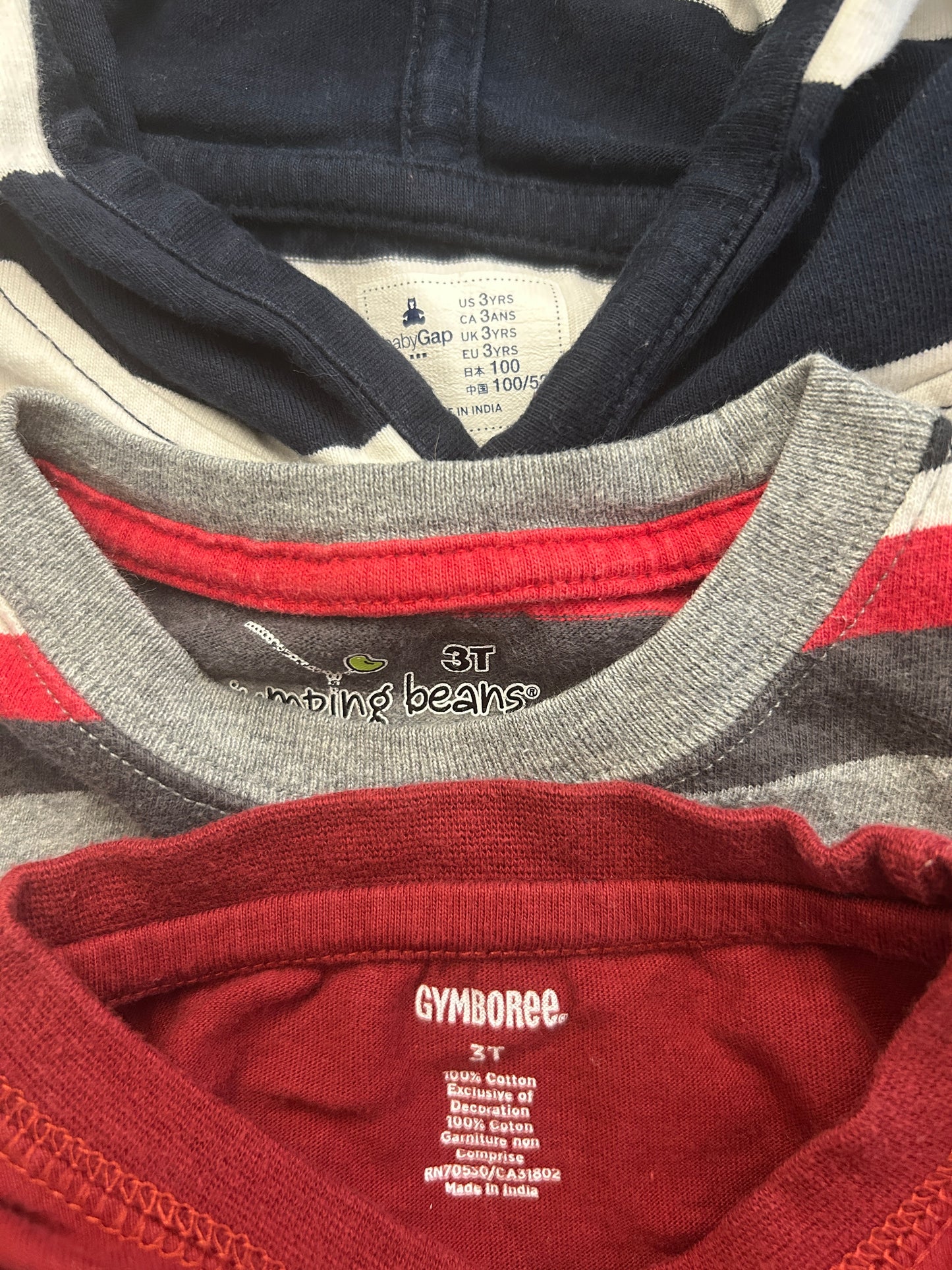 Lot of baby Gap, Jumping Beans, Gymboree, Carter’s, two long sleeve shirts, one tank top, three pants, boy, size 3T
