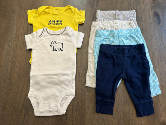 Lot of Carter’s two onesies, four pants, boy, size 3 months