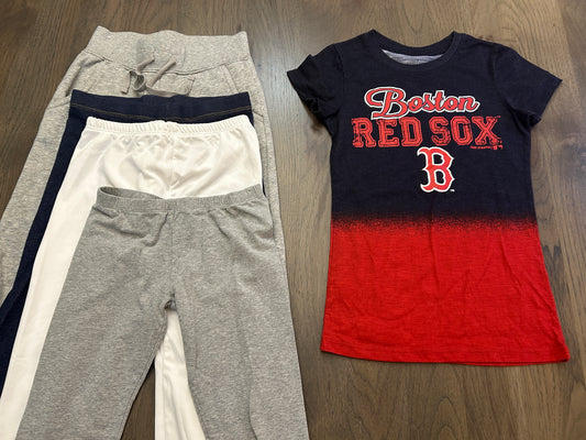 Lot of mixed brands, four pants, one Red Sox t-shirt, girl, size 7-8