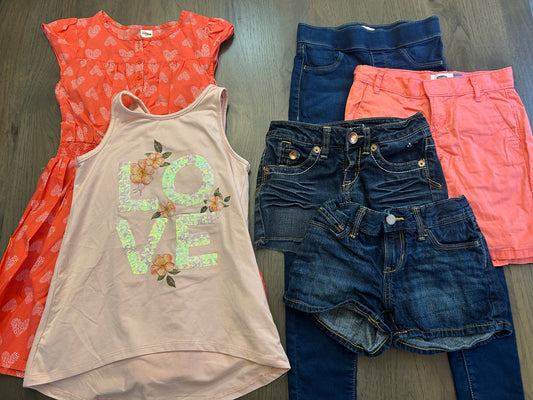 Lot of mixed brands, one dress, one tank, three shorts, one pant, girl, size 7
