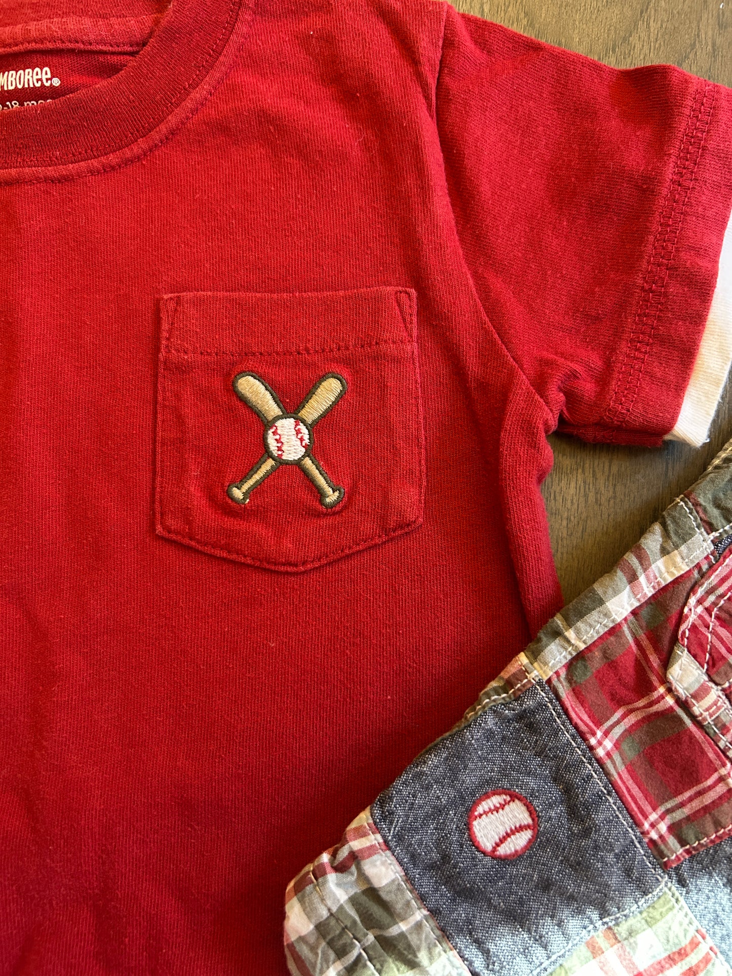 Gymboree outfit, baseball, shirt and pant, size 12-18 months, red plaid