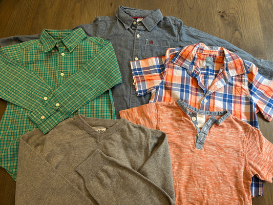 Lot of baby Gap, Children’s Place, Gymboree, Chaps, Carter’s, two long sleeve button up shirts, one short sleeve button up shirt, one short sleeve t-shirt with buttons, one sweater, boy, size 5T, 5, 5/6