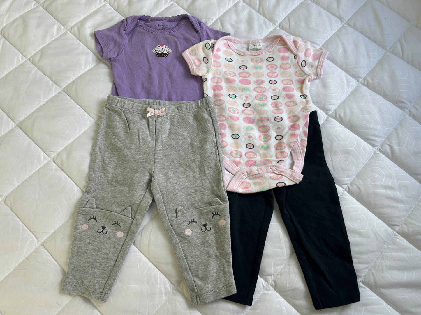 Lot of Carter’s, Cutie Pie, two onesies,  two pants, girl, sizes 3-6 months, 6 months