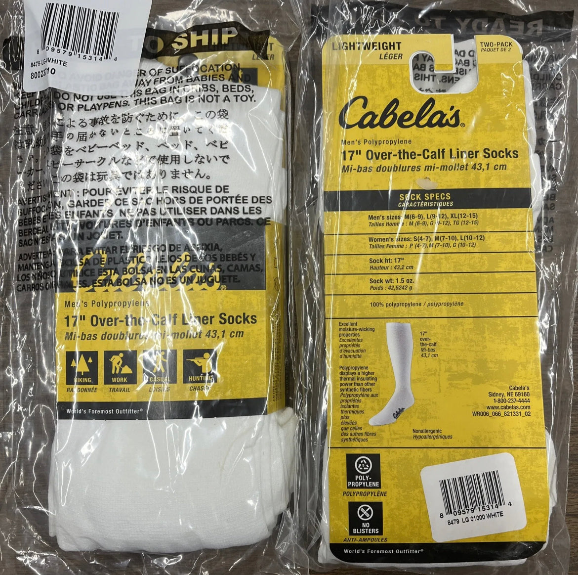 Cabelas Mens 4pair Lightweight Over Calf socks, White, Hiking, Hunting 17” Sz Large