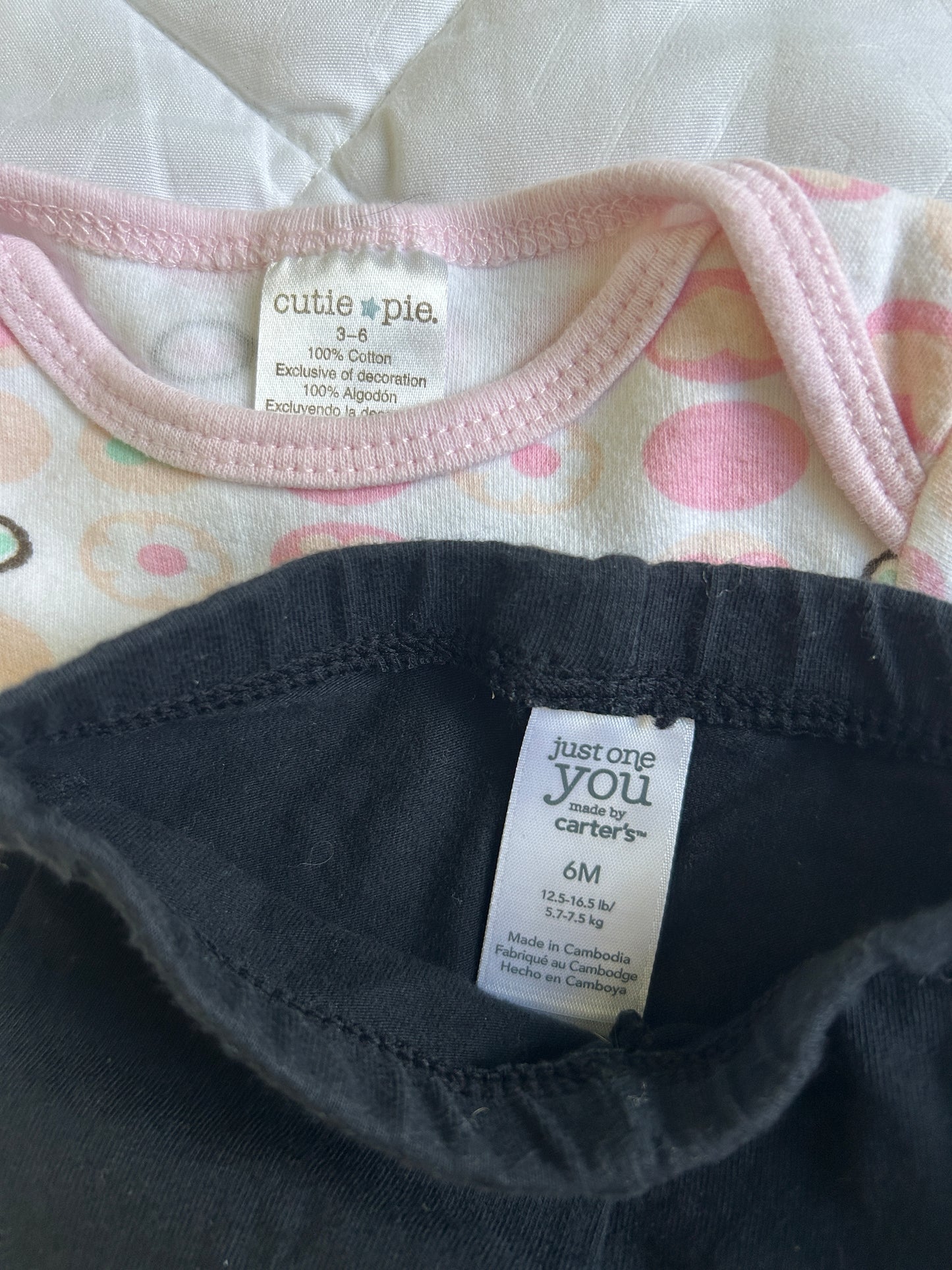 Lot of Carter’s, Cutie Pie, two onesies,  two pants, girl, sizes 3-6 months, 6 months