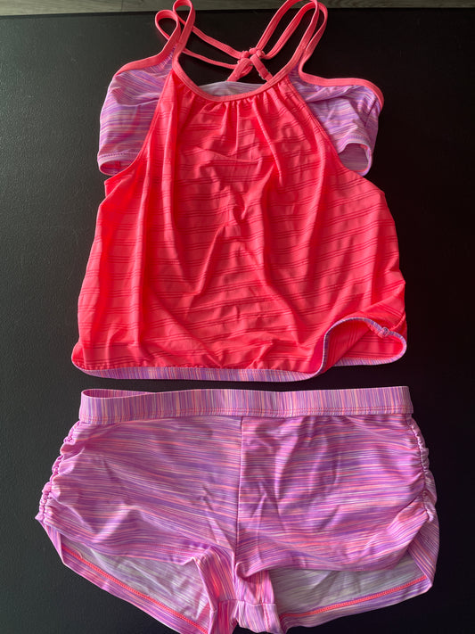 Free Country Tankini Set, Girls Sz 14, Coral & Purple