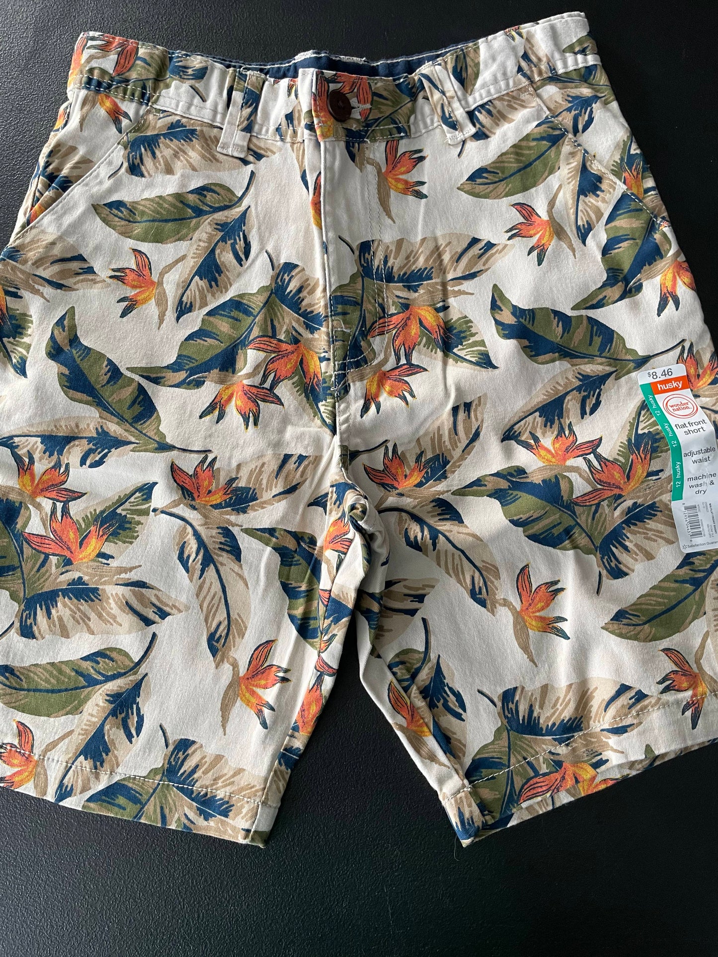 12H Boys Shorts, Beige, Hawaiian Print