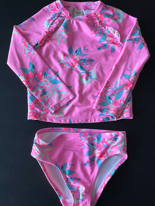 3T Girls Rash Guard Swimsuit, Light Pink, Floral Print