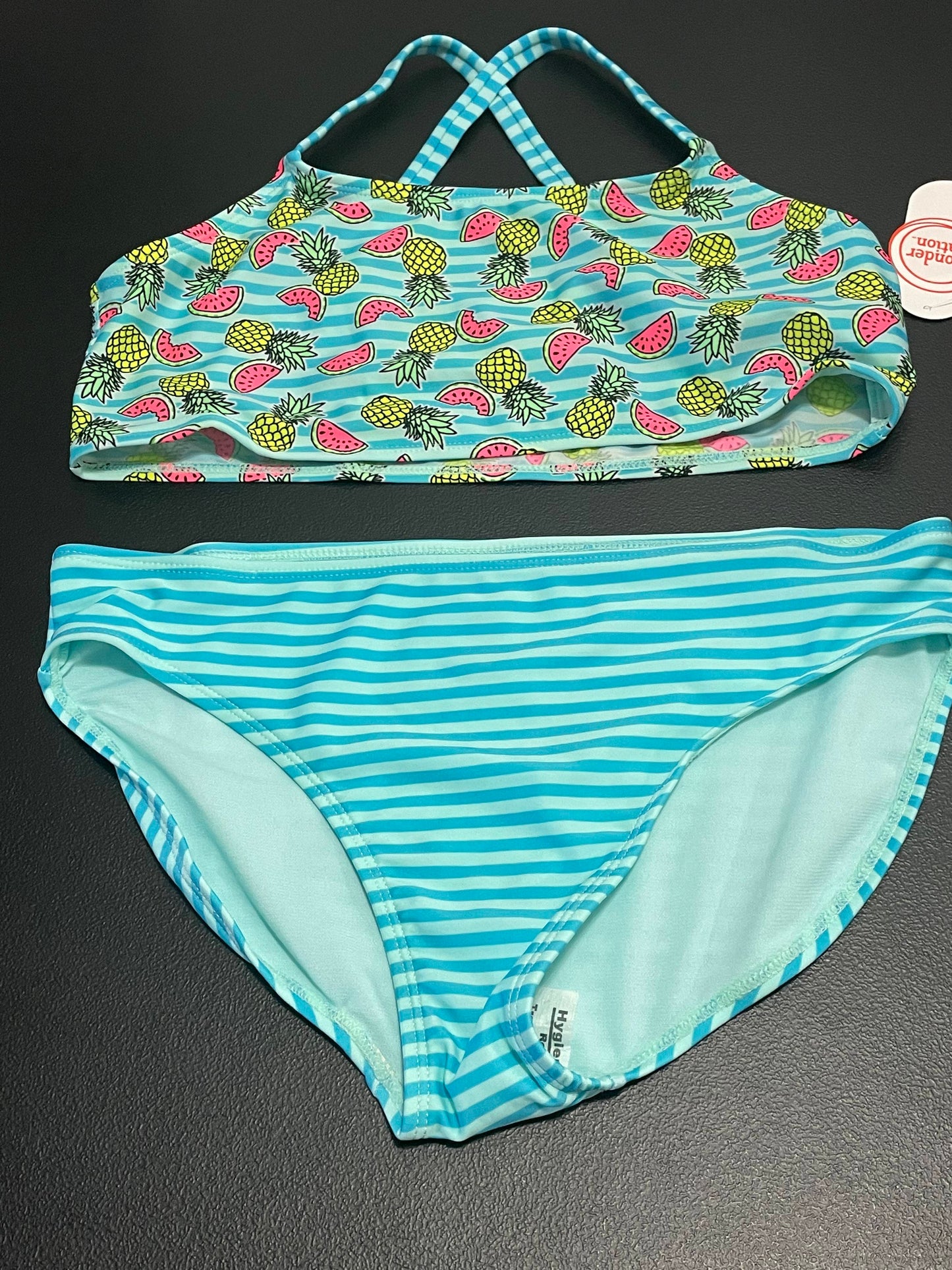 2XL (18) Girls Bikini, Blue Striped w/Pineapples