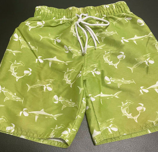 S Boys Swim Trunks, Green w/Sharks