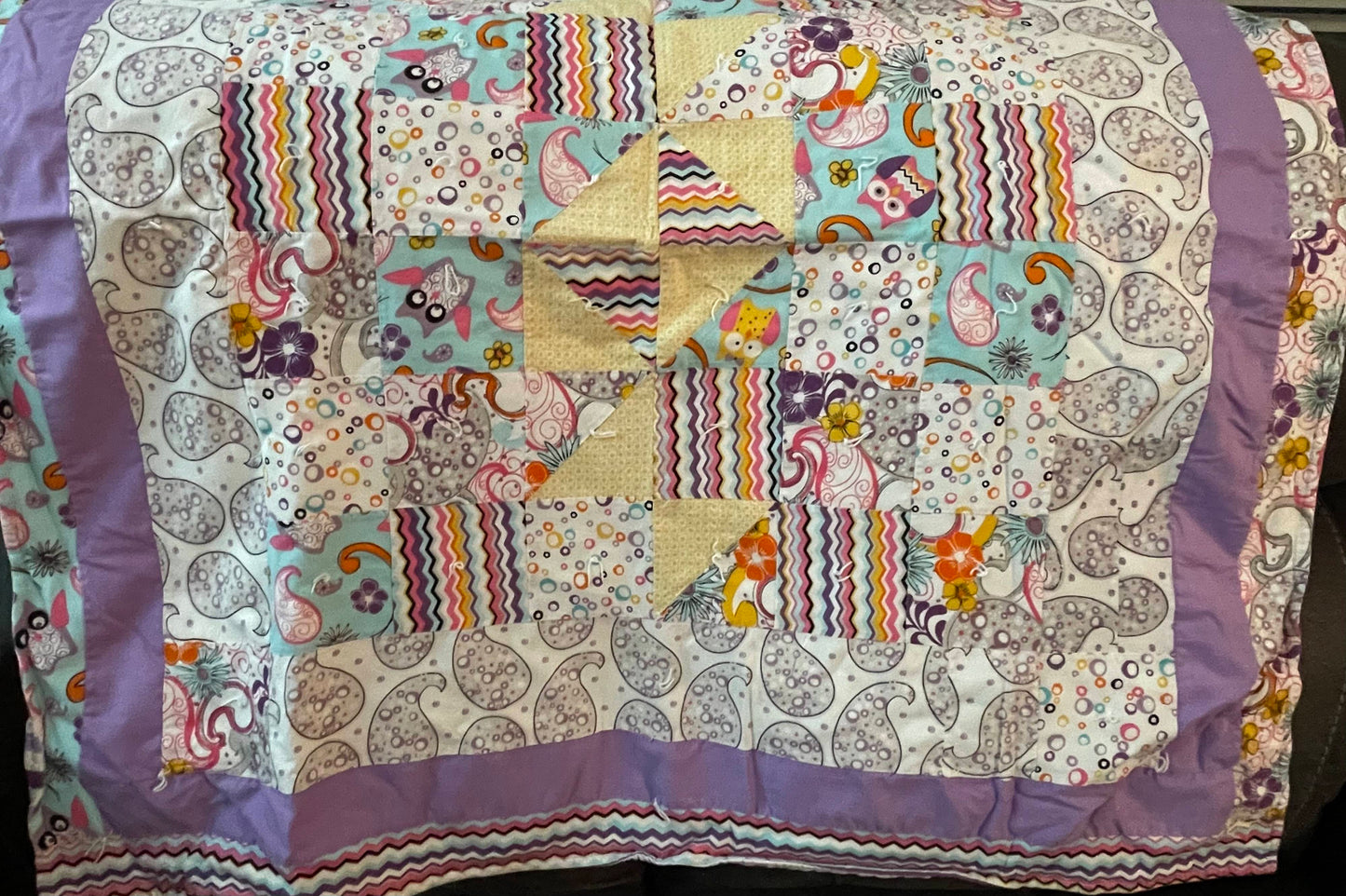 Baby Quilt, 38”x37” Stripe/owl & paisley