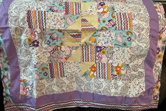Baby Quilt, 38”x37” Stripe/owl & paisley