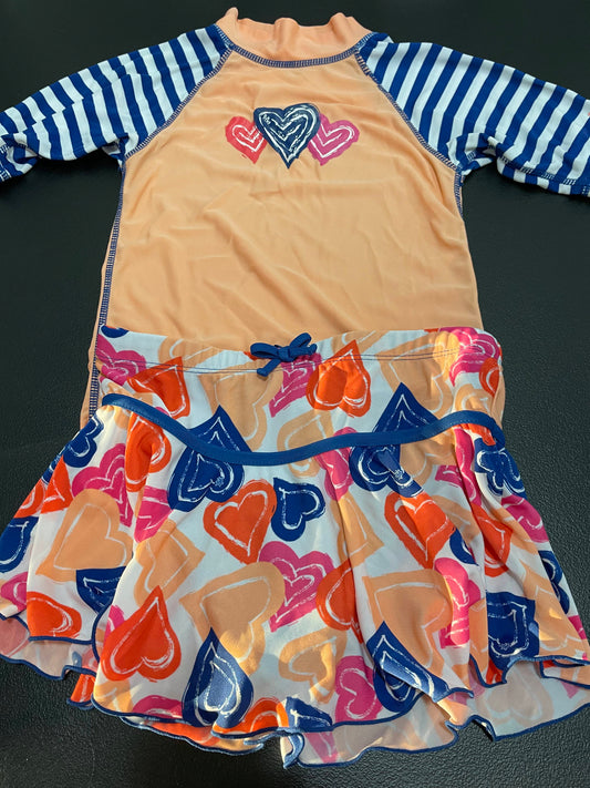 6 Girls 2pc Swimsuit, Peach/Navy w/Hearts